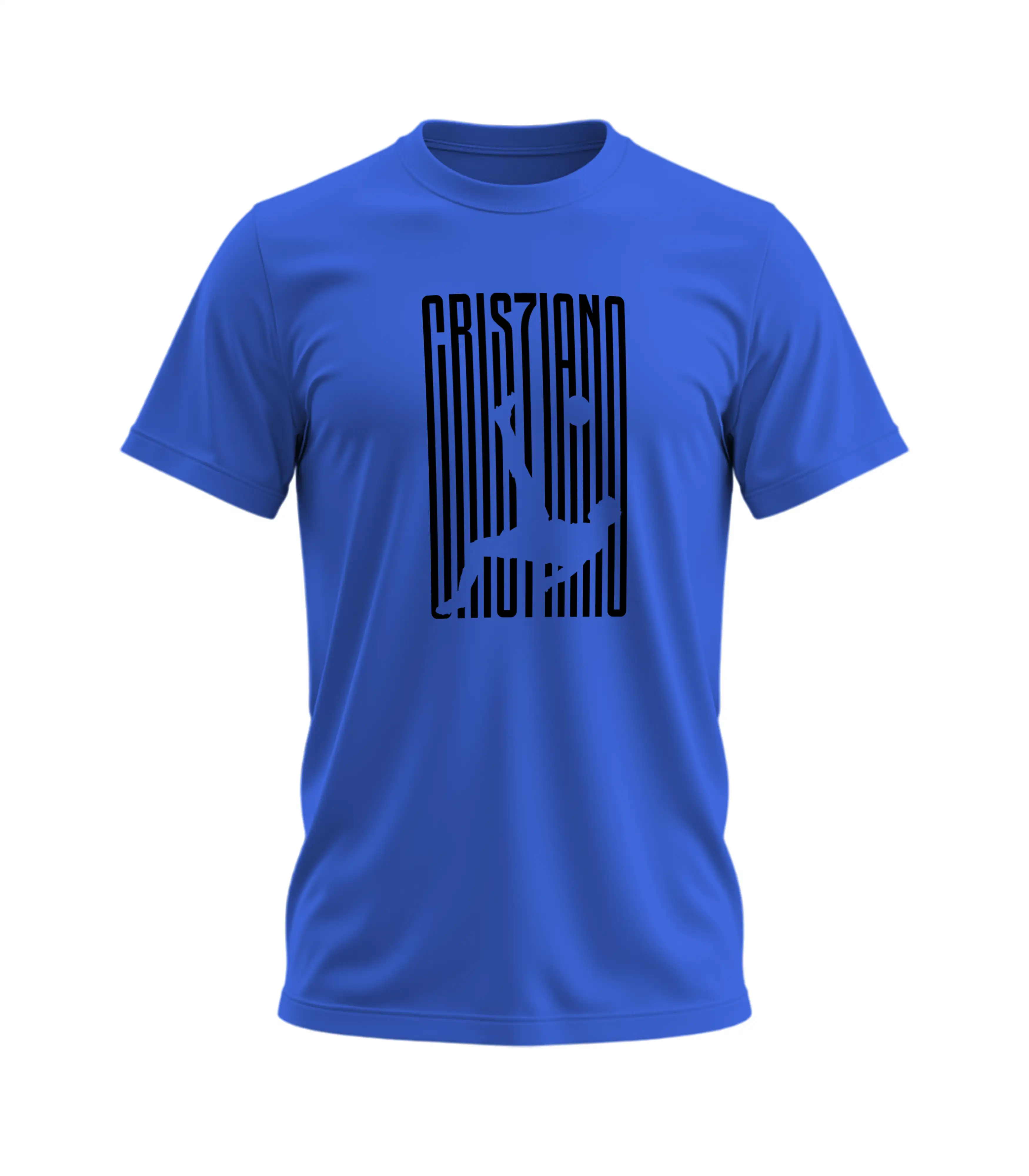 Blue t-shirt with black graphic design on a white background