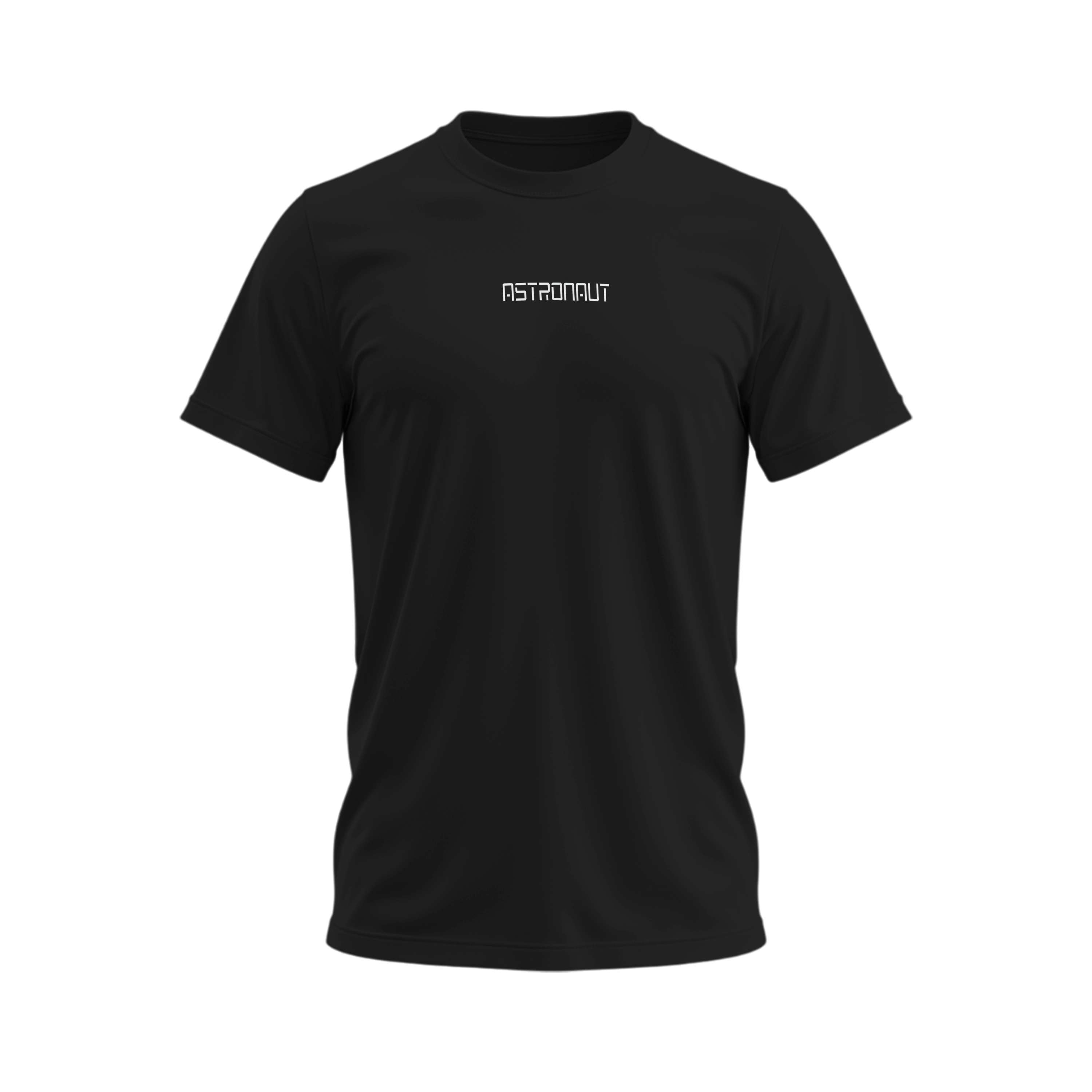 Black t-shirt with 'ASTRONAUT' text on a white background