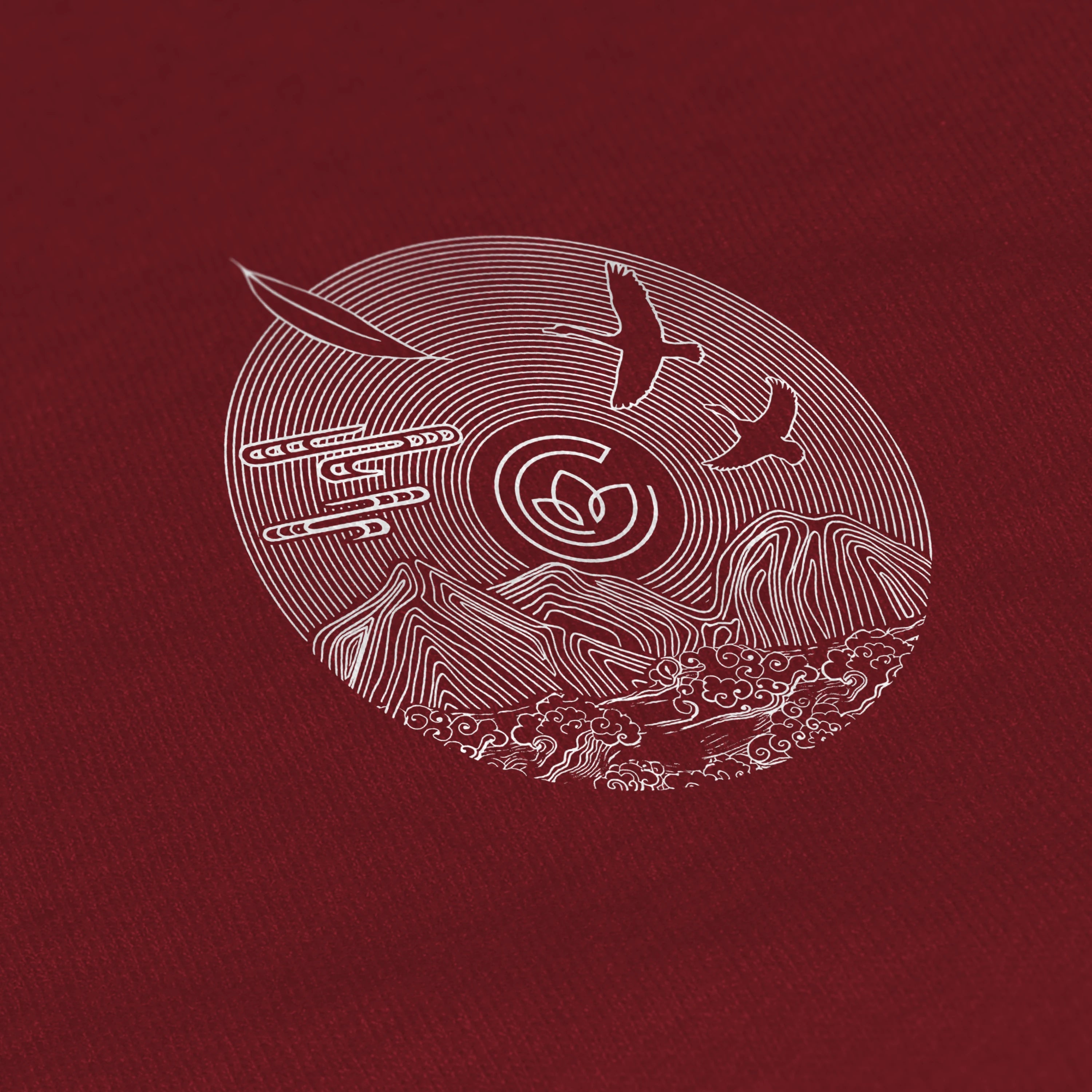 Circular design with abstract elements on a red background