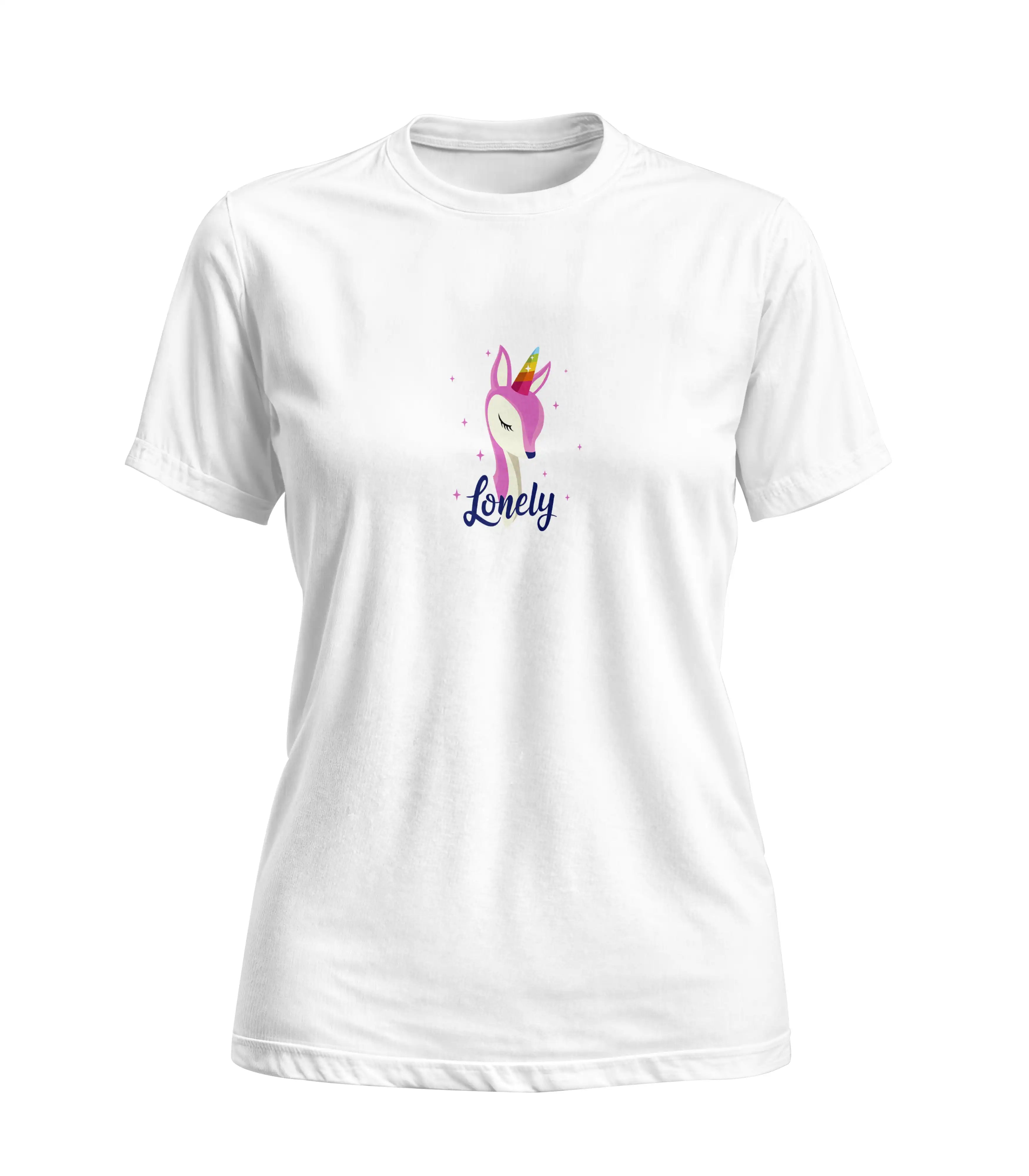 White t-shirt with a colorful llama graphic and 'Lonely' text on a white background