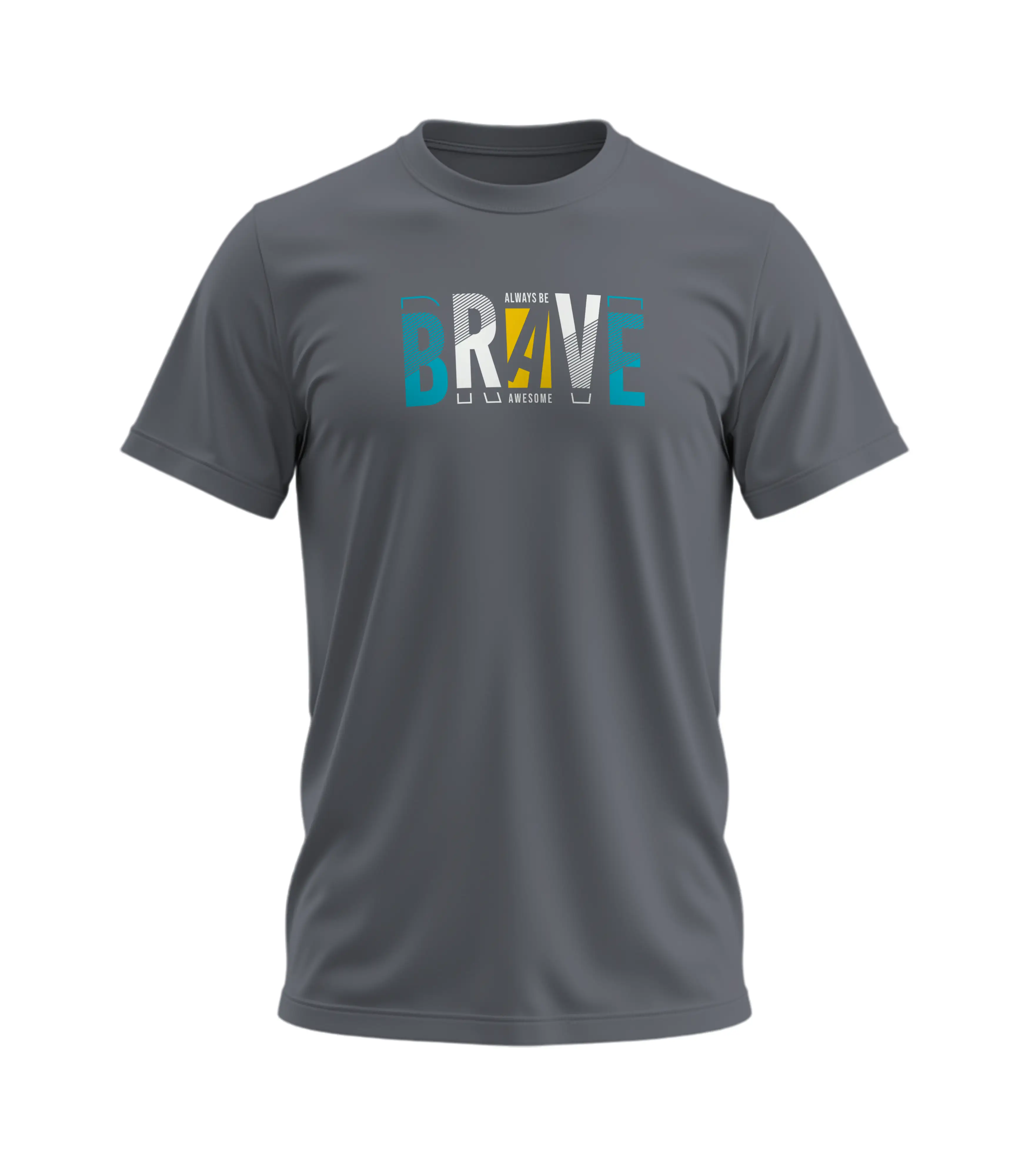 Gray t-shirt with colorful text design on a white background