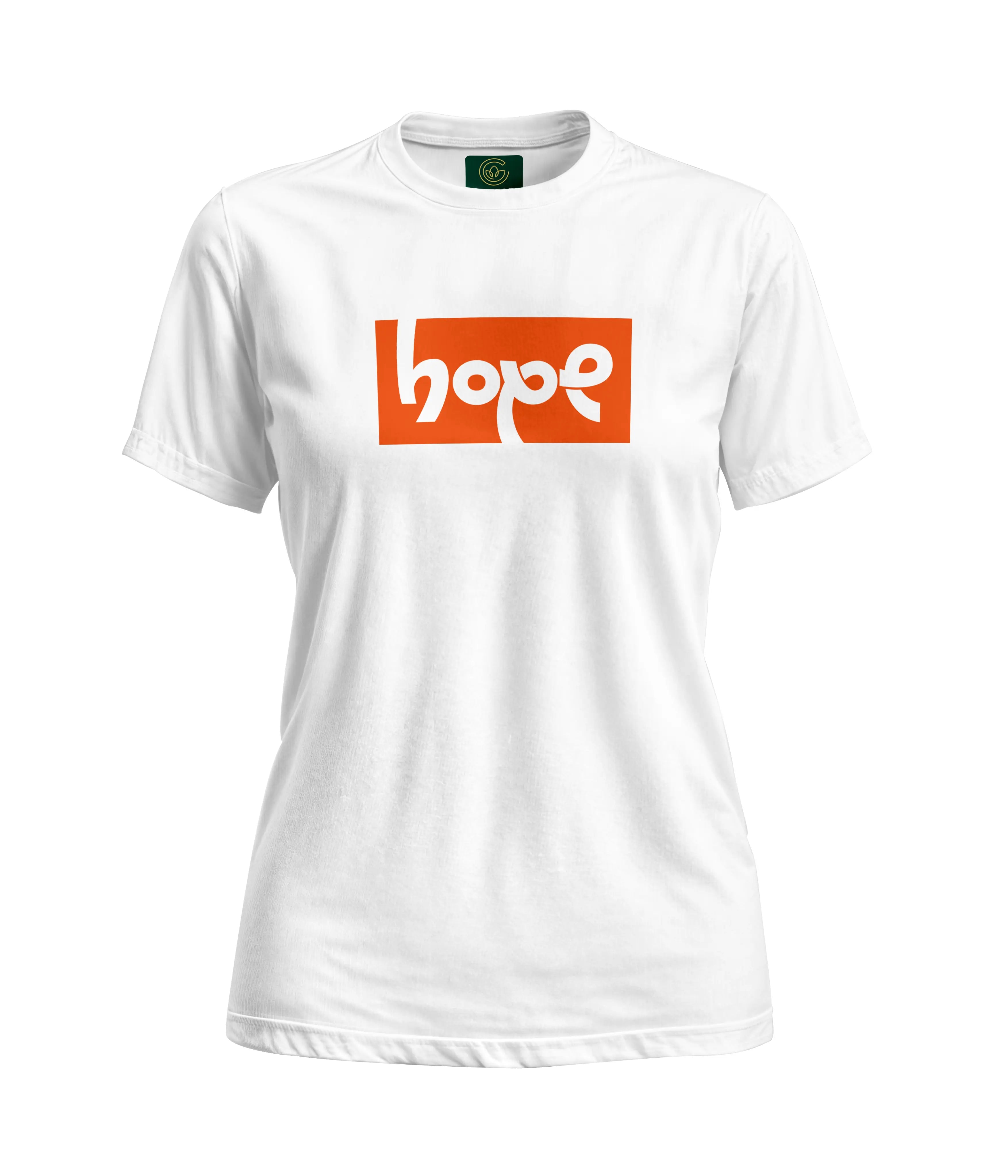 White t-shirt with an orange 'hope' logo on a white background