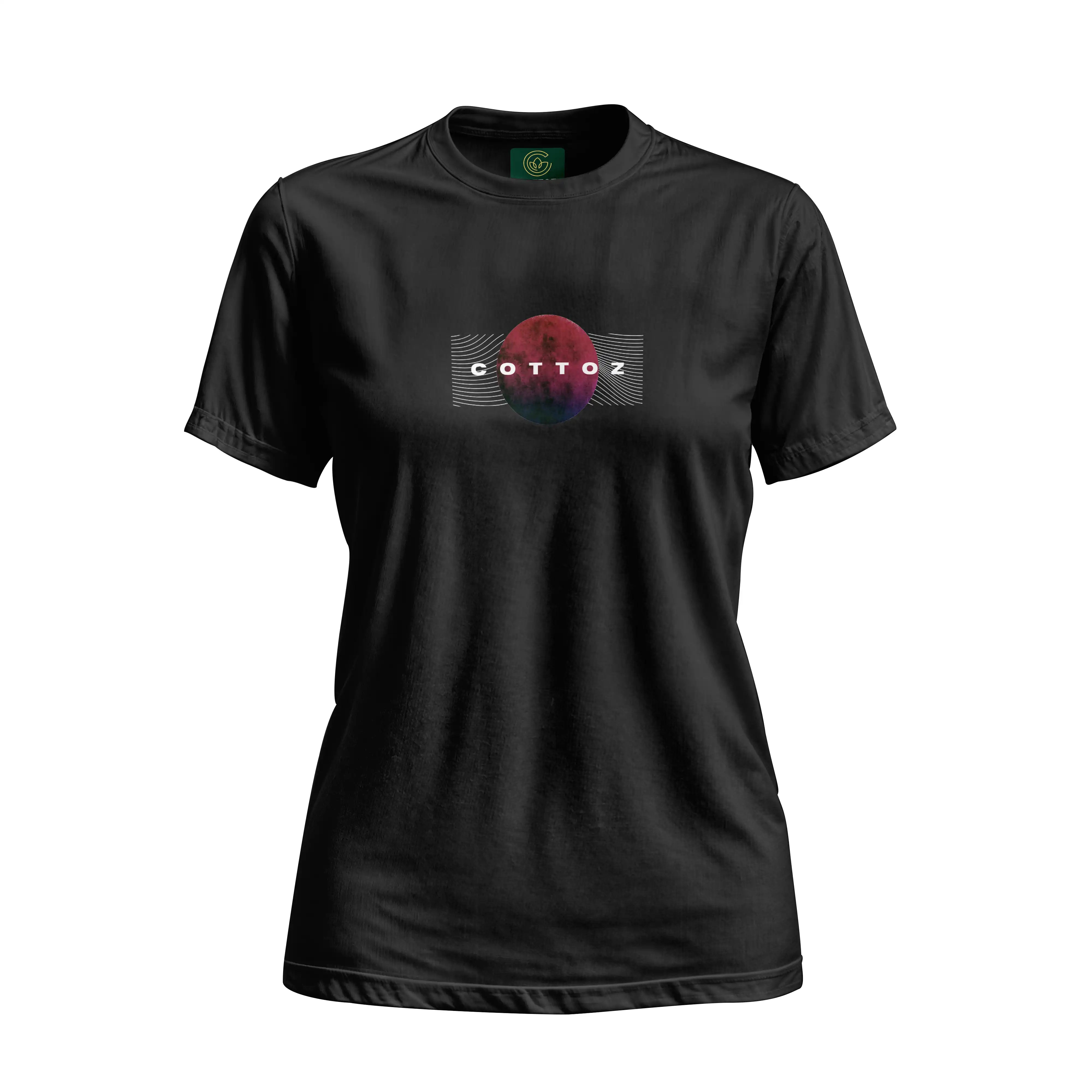 Black t-shirt with a colorful logo and 'Cottoz' text on a white background