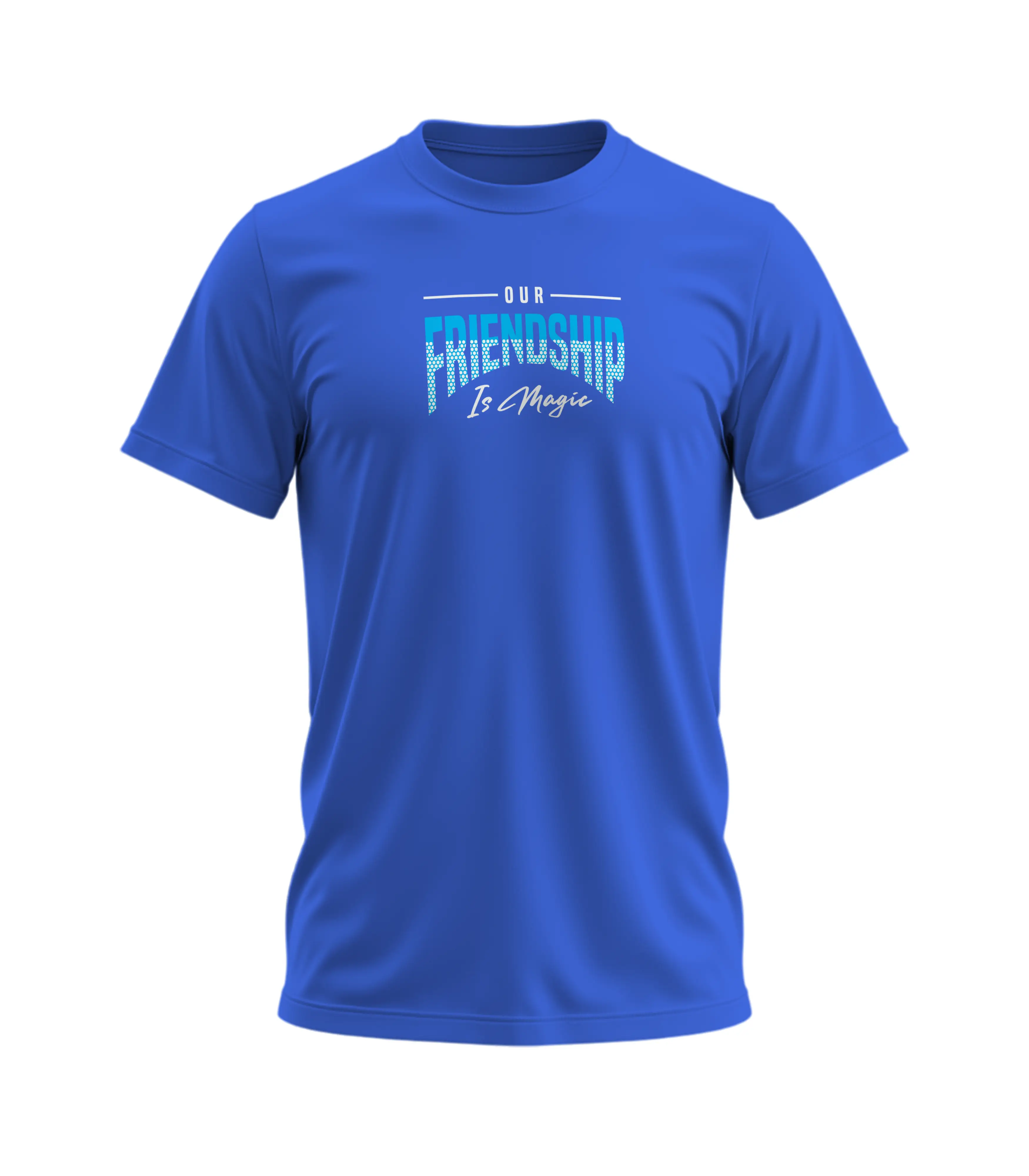 Blue t-shirt with 'Our Friendship Is Magic' text on a white background
