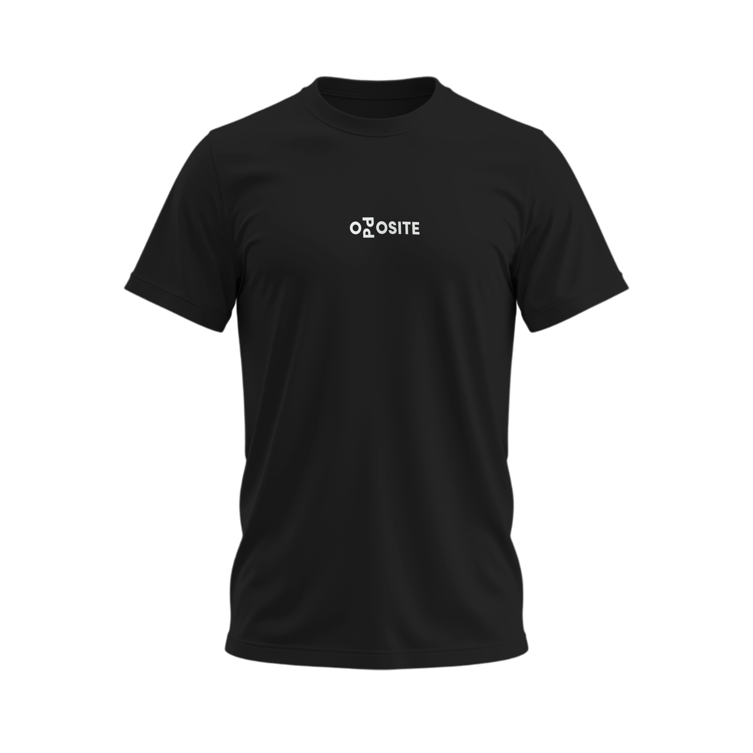 Black t-shirt with a white logo on a white background