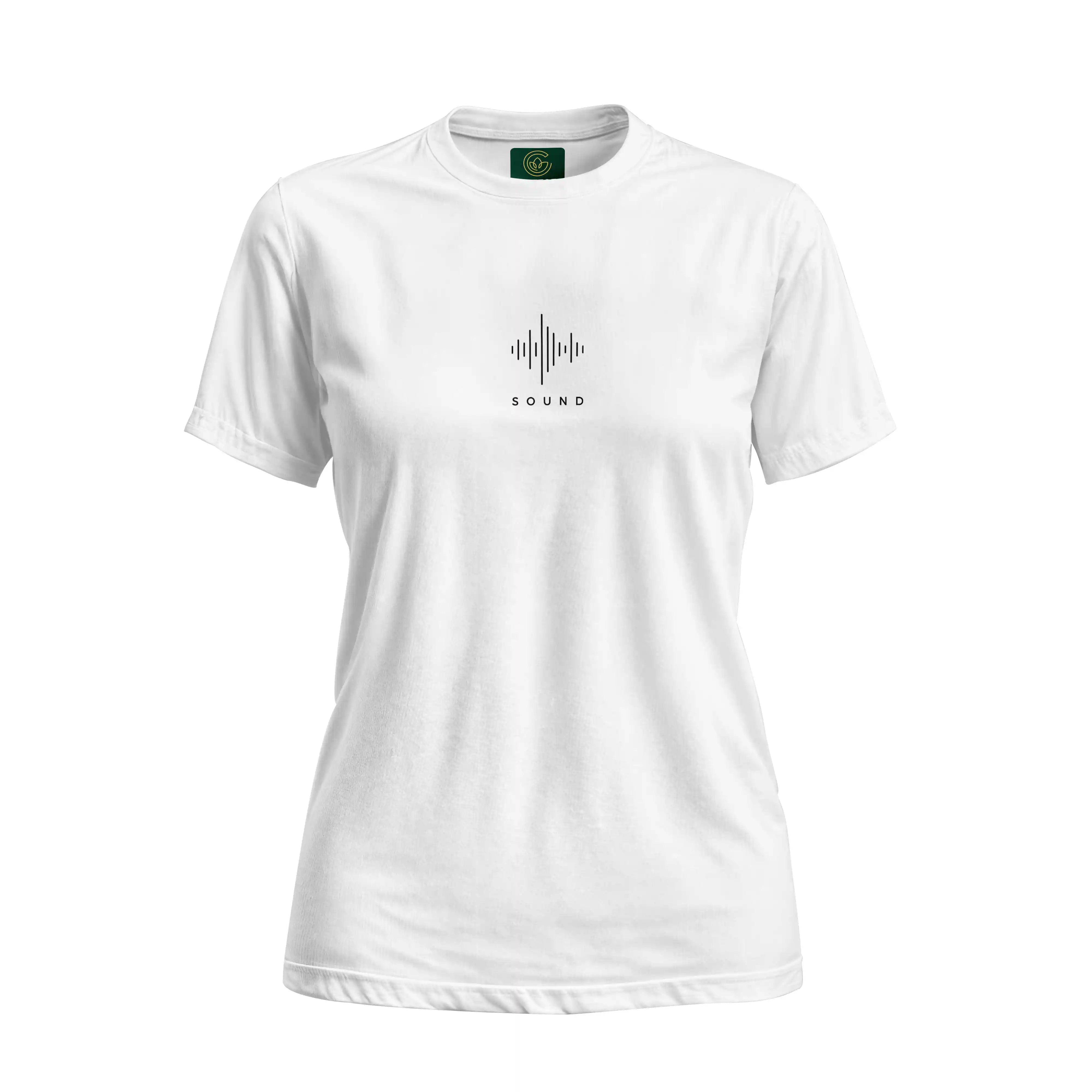 White t-shirt with a black sound wave design and 'SOUND' text on a white background