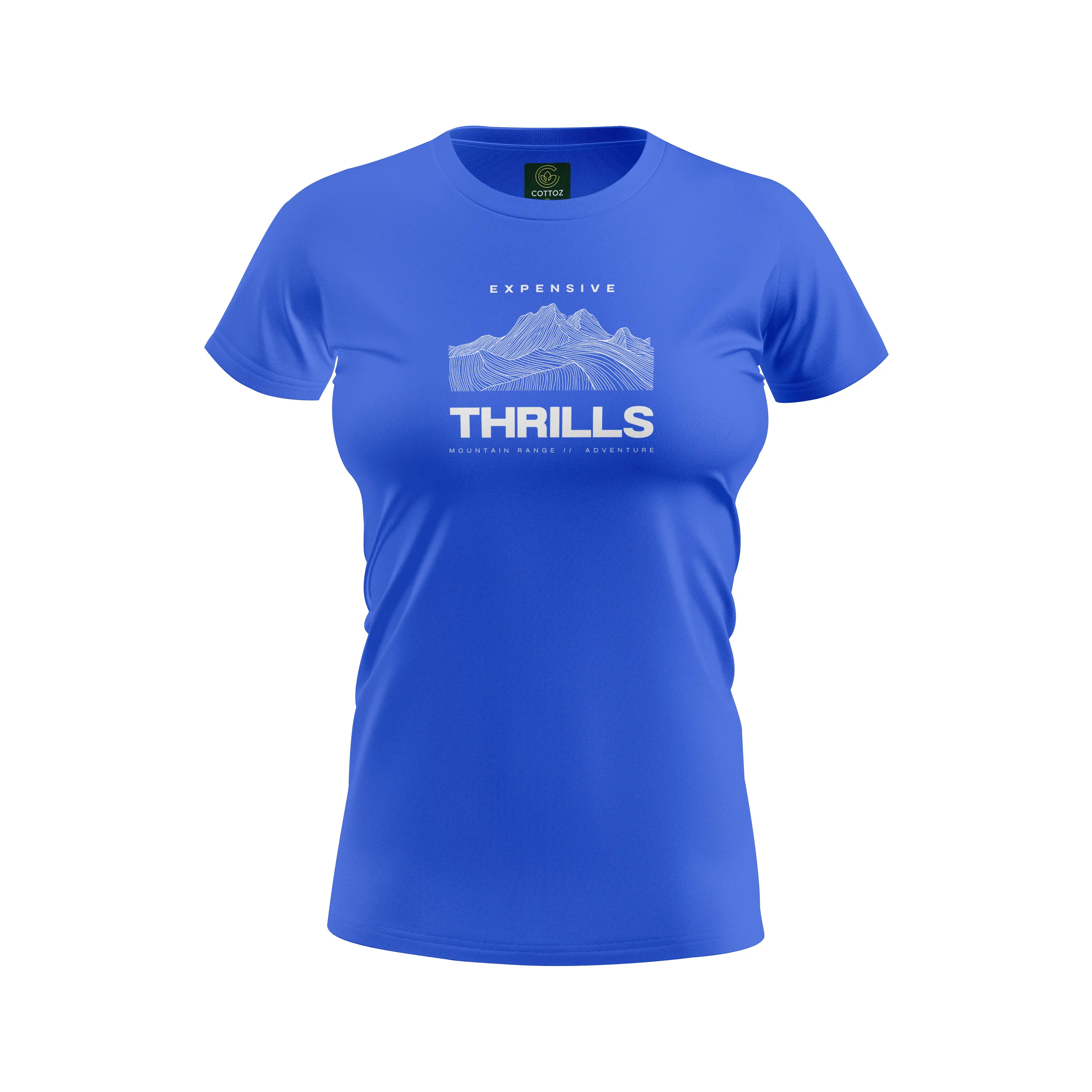 Blue t-shirt with white graphic and text on a white background