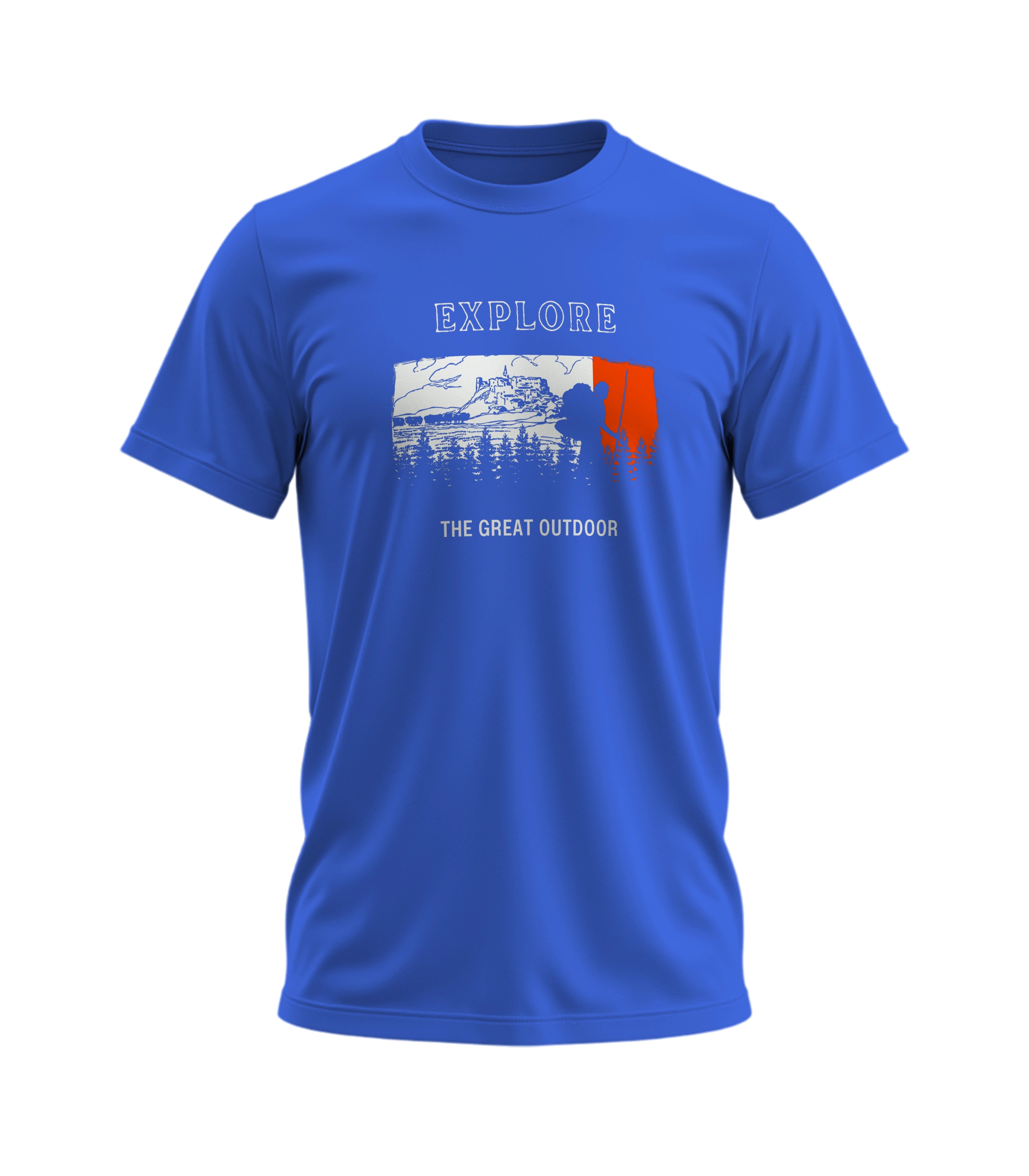Blue t-shirt with 'Explore The Great Outdoors' graphic and text on a white background