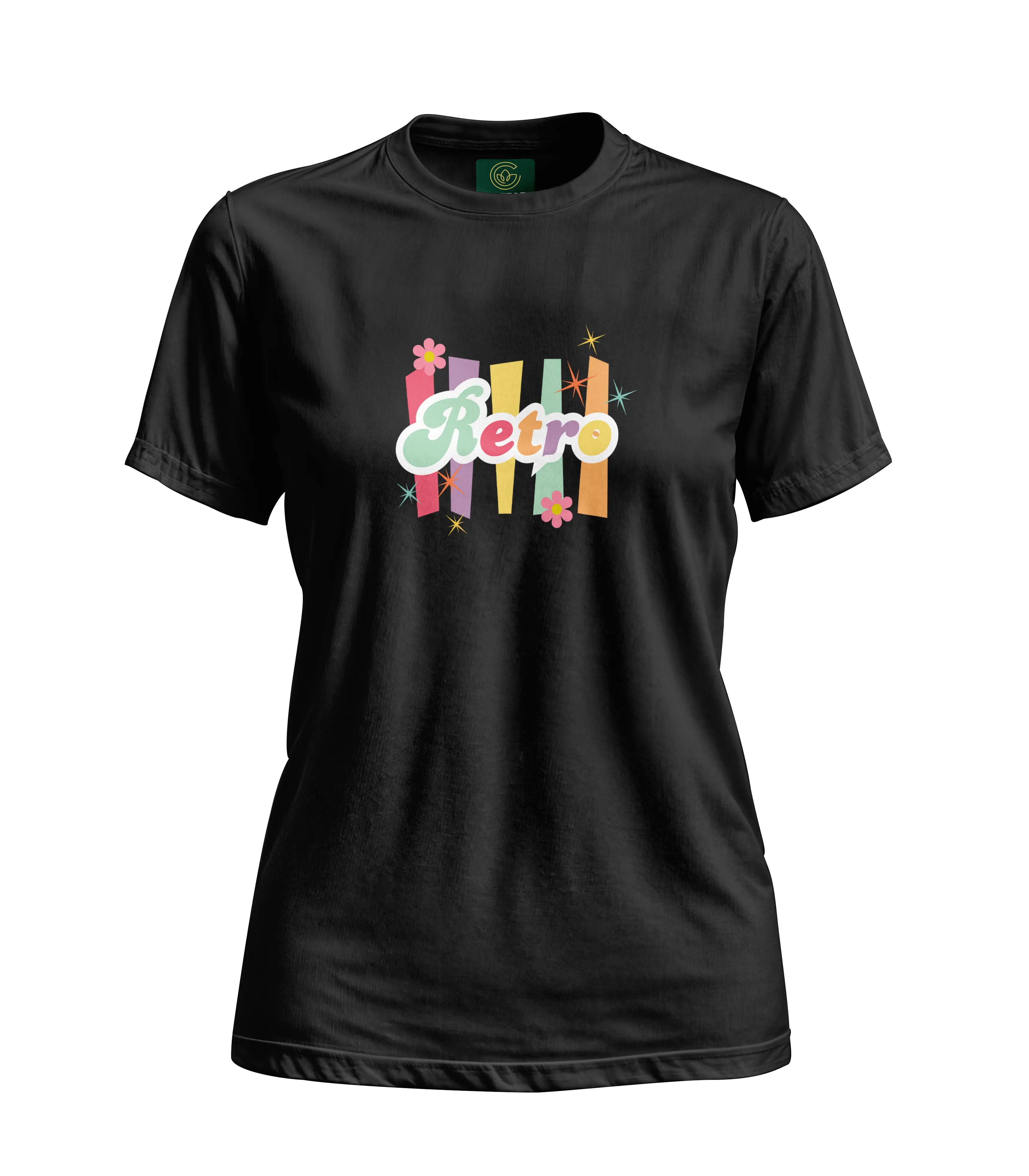 Black t-shirt with colorful 'Retro' design on a white background