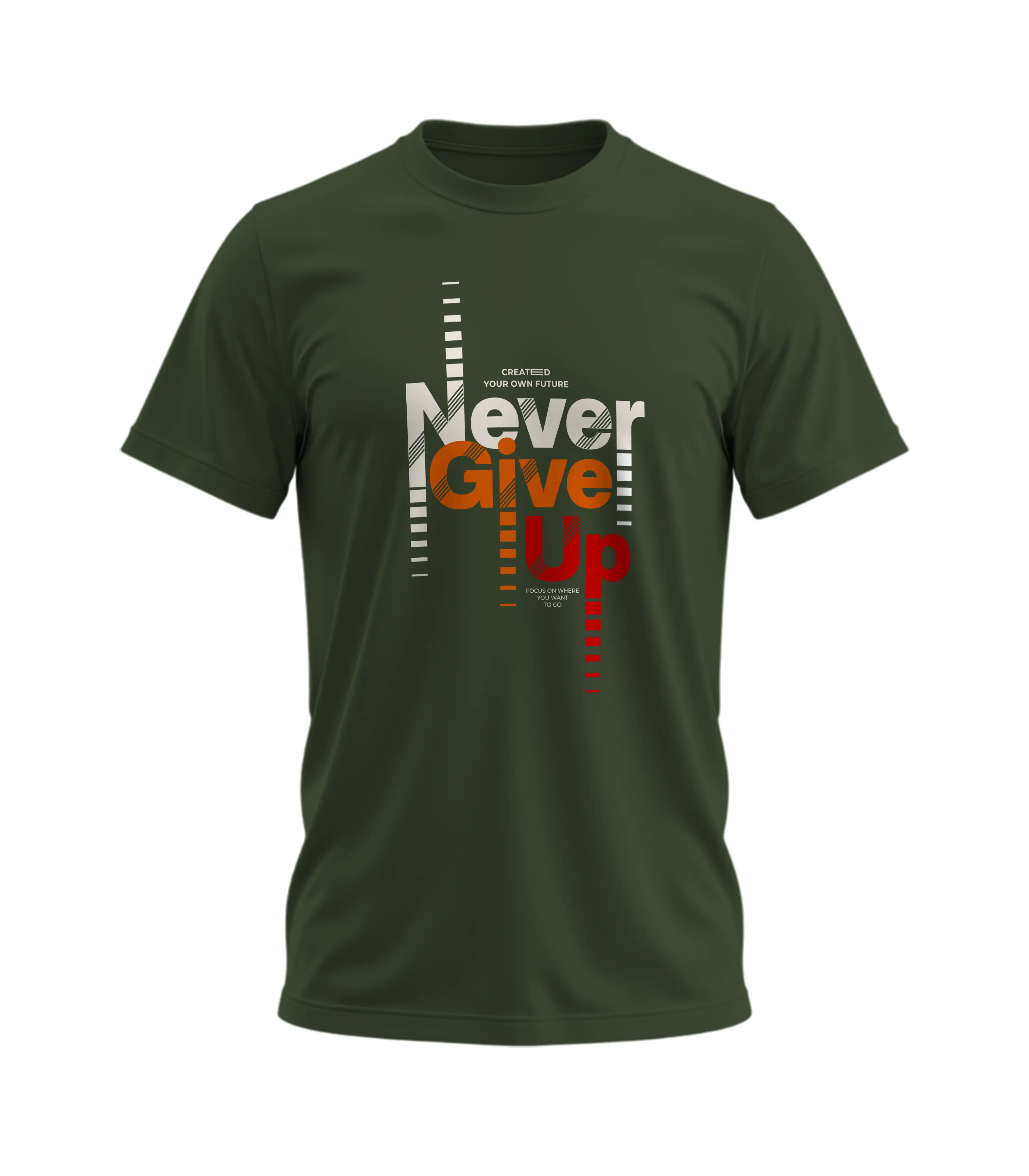 Green t-shirt with 'Never Give Up' motivational quote on a white background