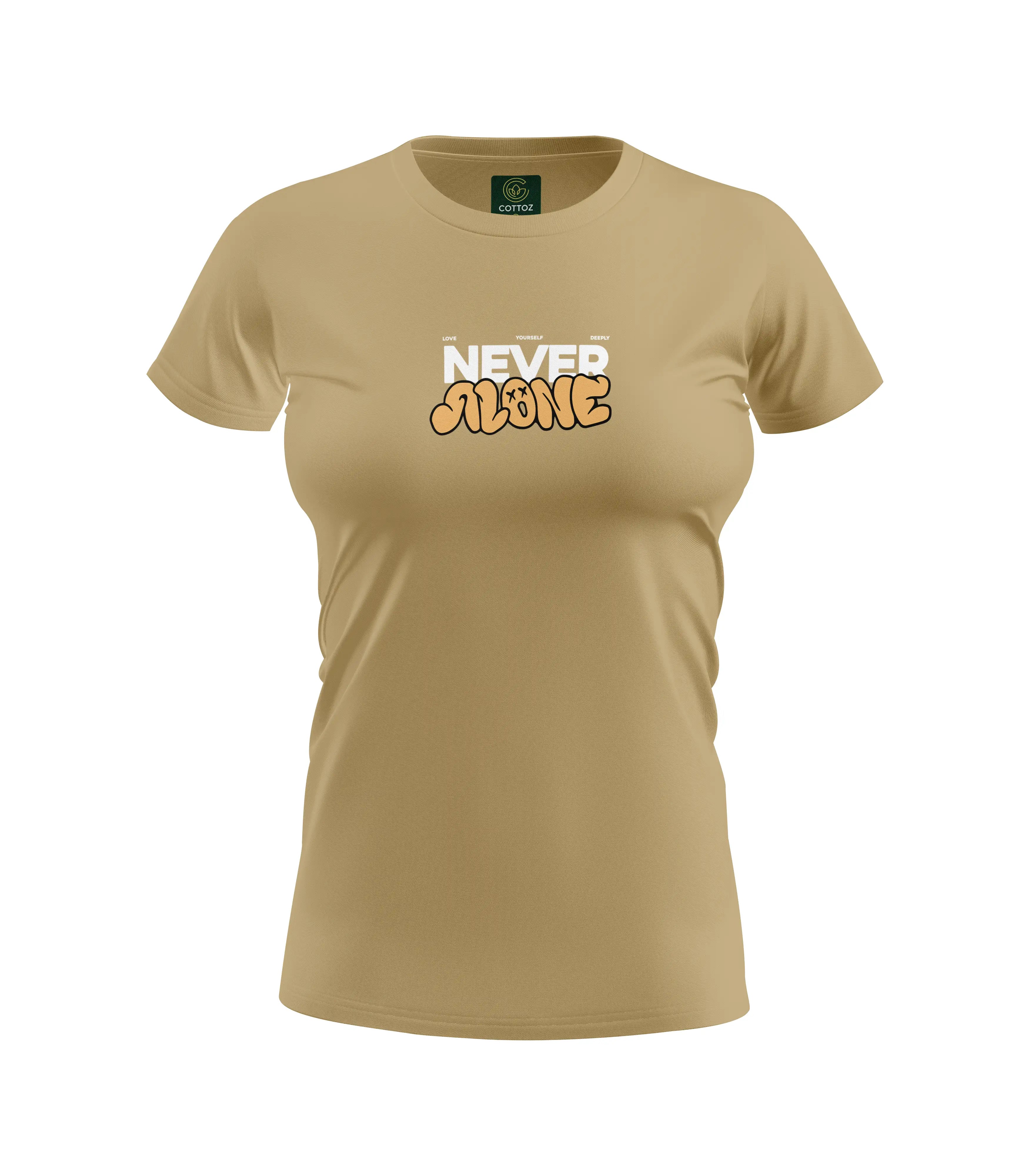 Beige t-shirt with 'NEVER ALONE' text on a white background