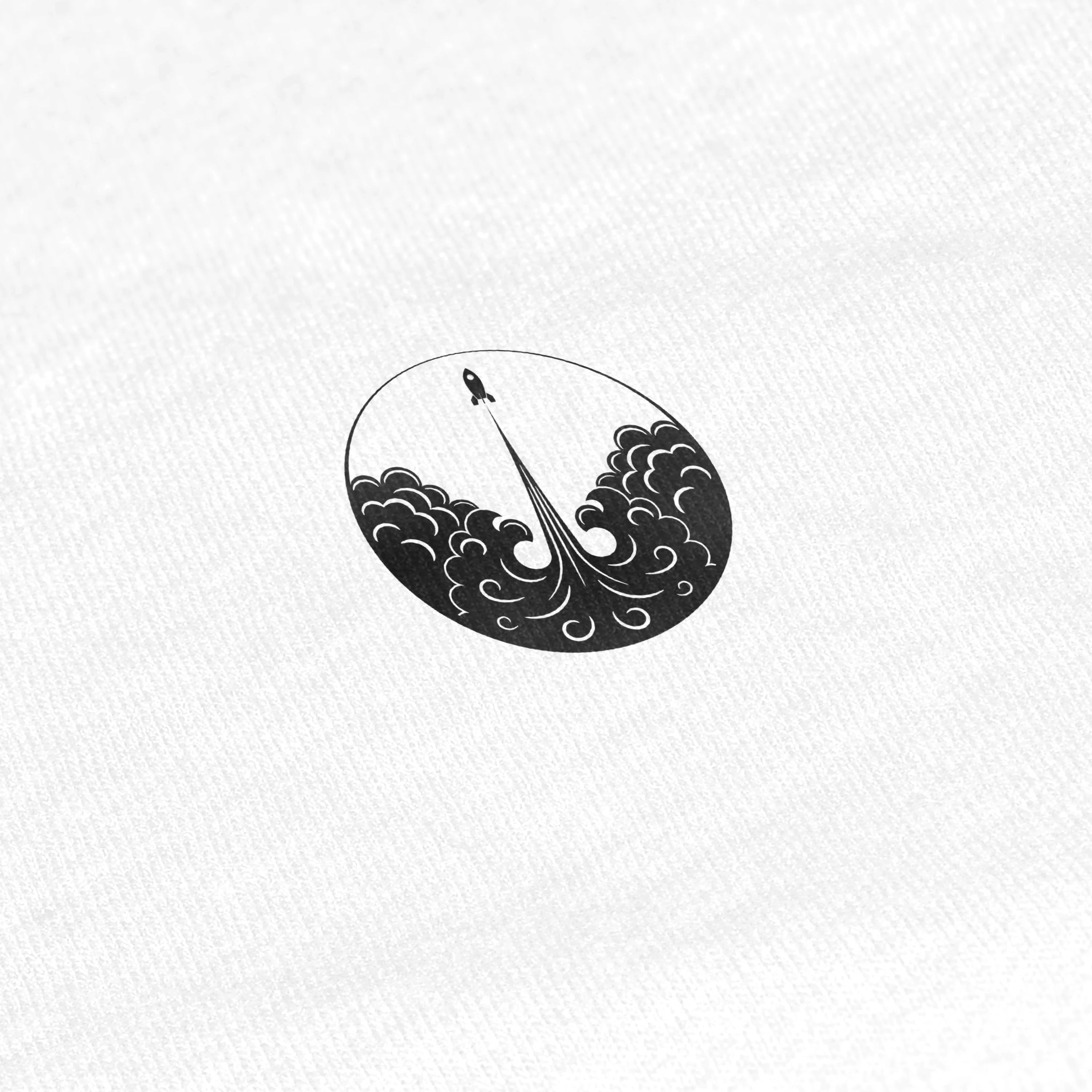 Black and white circular logo with a stylized design on a textured white background