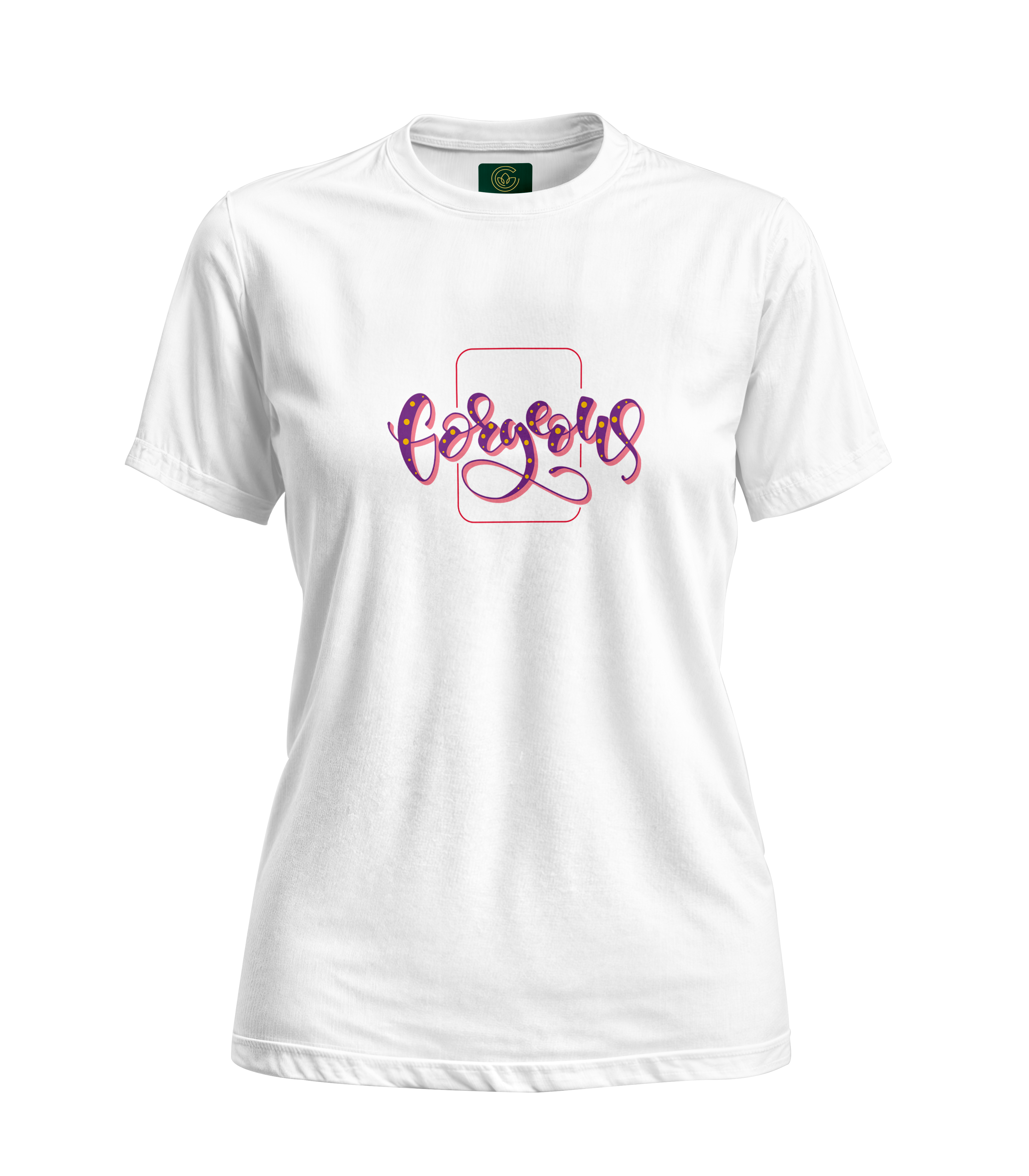 White t-shirt with 'Collegious' text on a white background