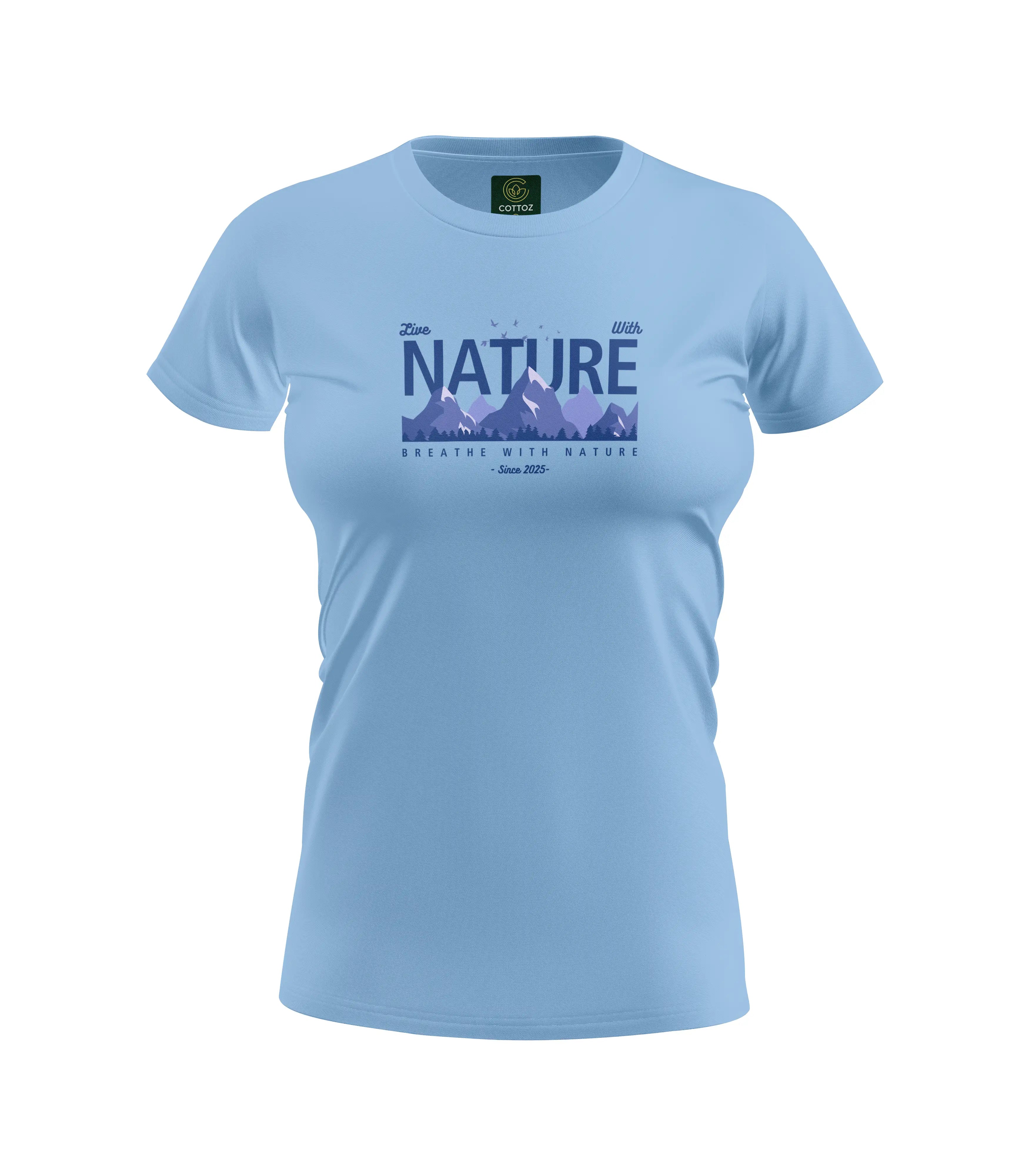 Light blue t-shirt with nature graphic and text on a white background