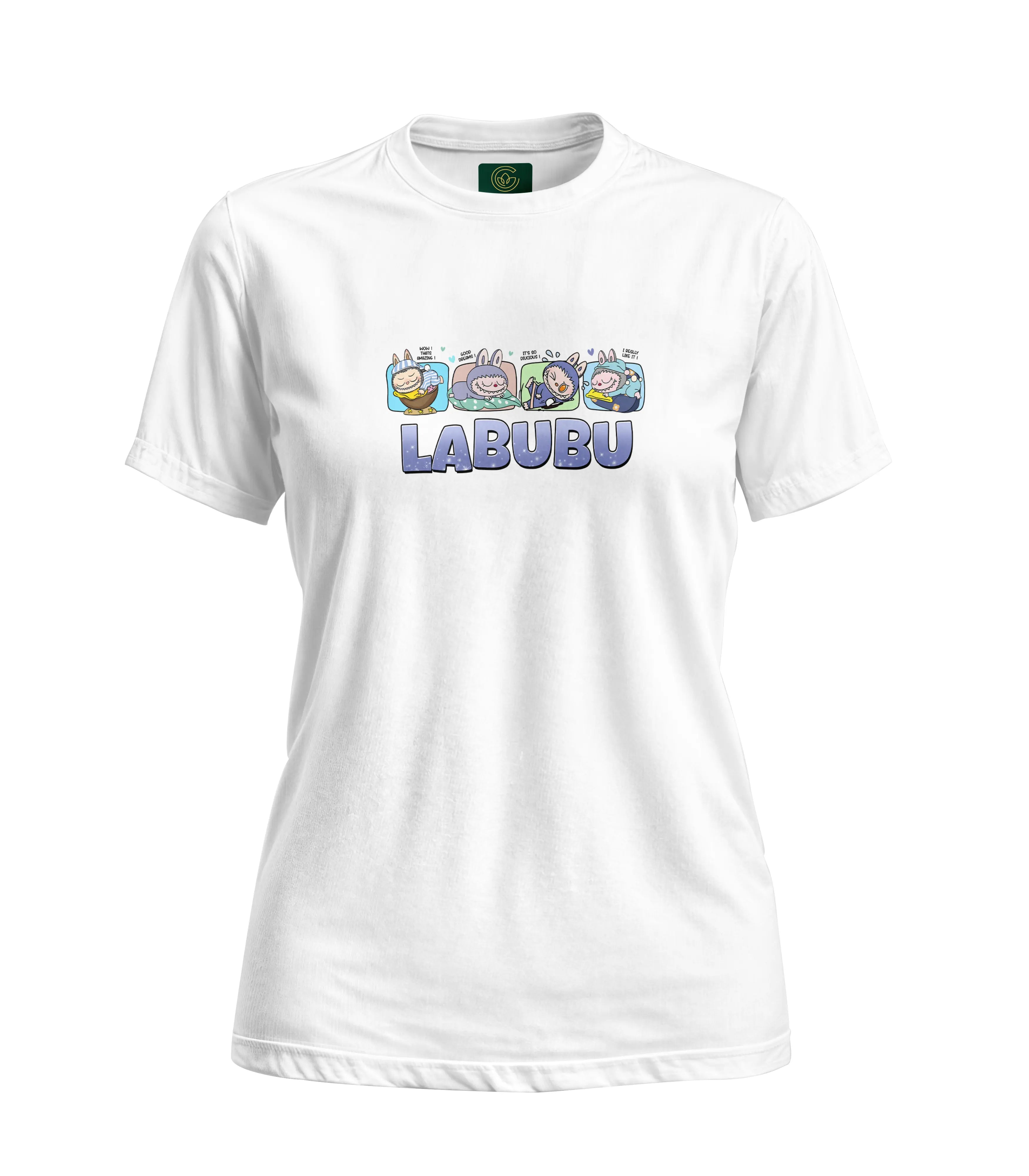 White t-shirt with colorful 'Labubu' logo on a white background