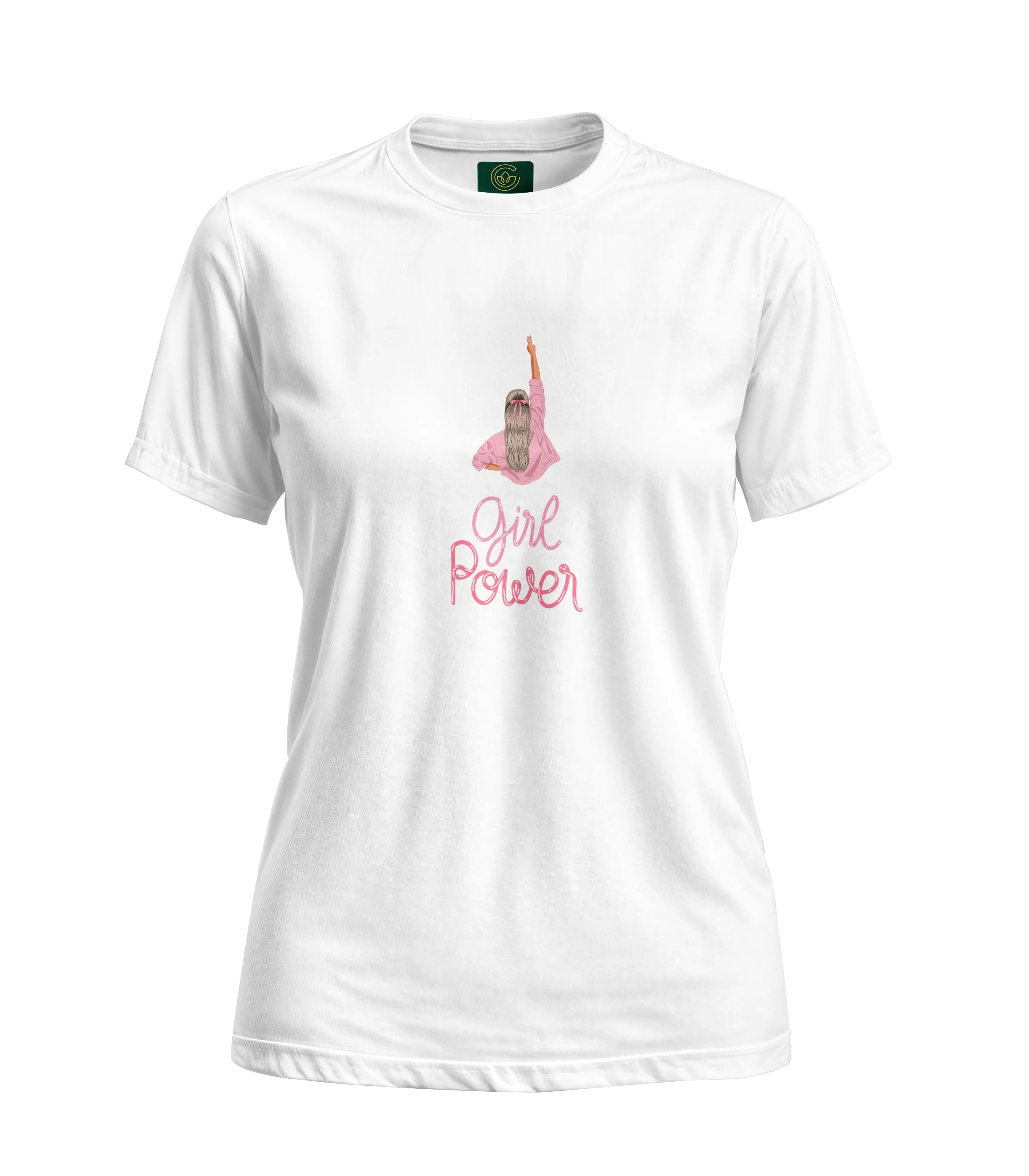 White t-shirt with 'Girl Power' text and graphic on a white background