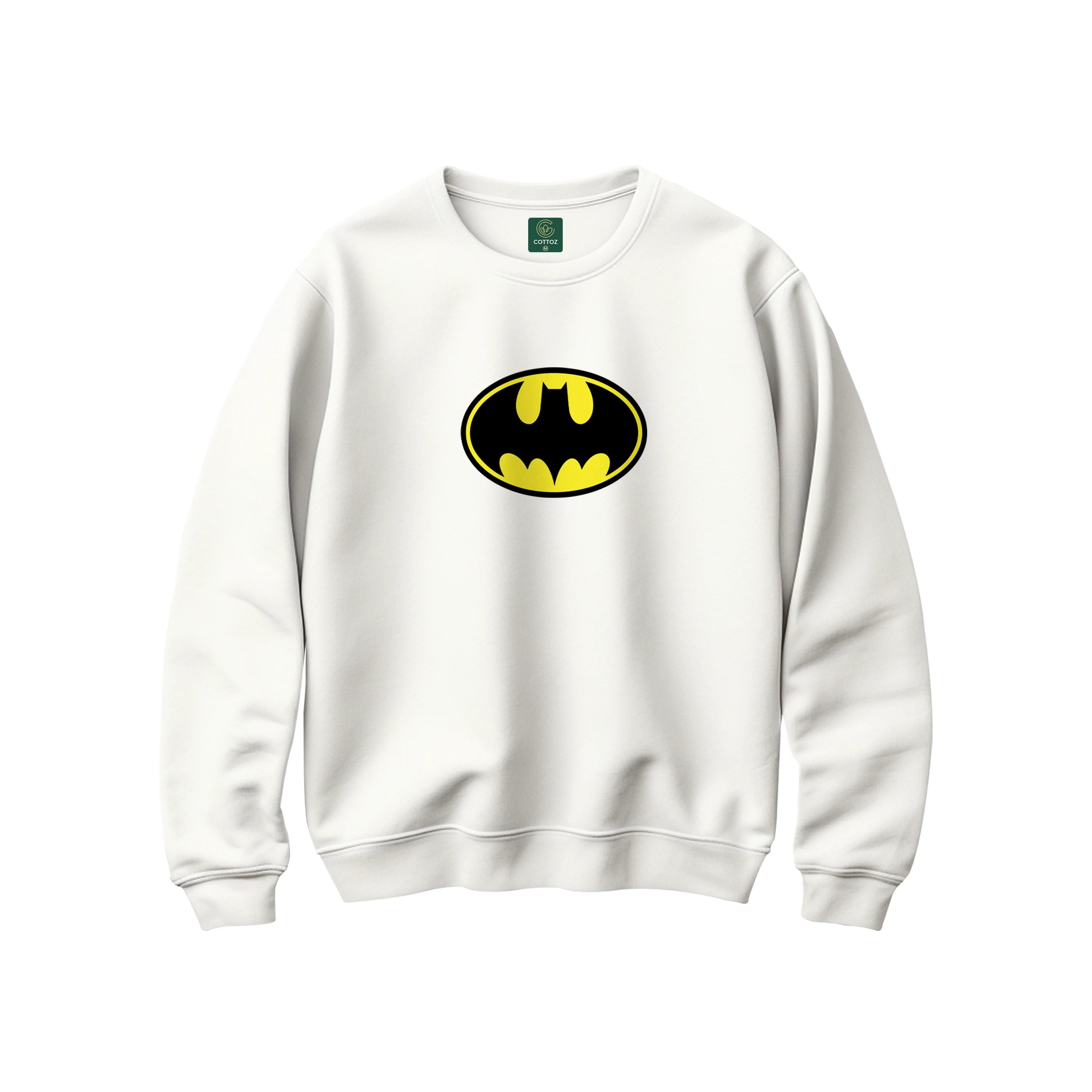 White sweatshirt with Batman logo on a white background