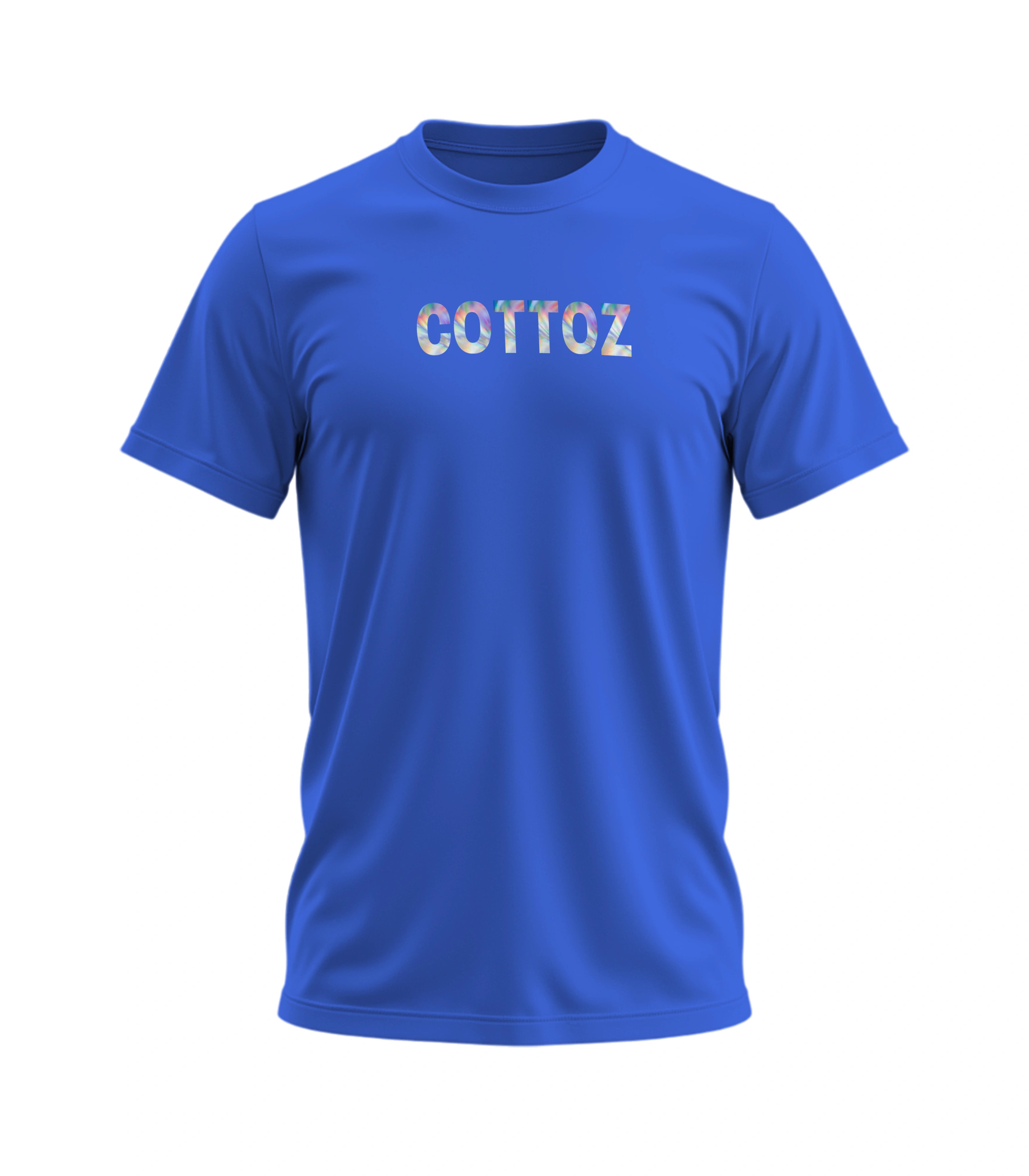 Blue t-shirt with 'COTTOZ' printed on it against a white background