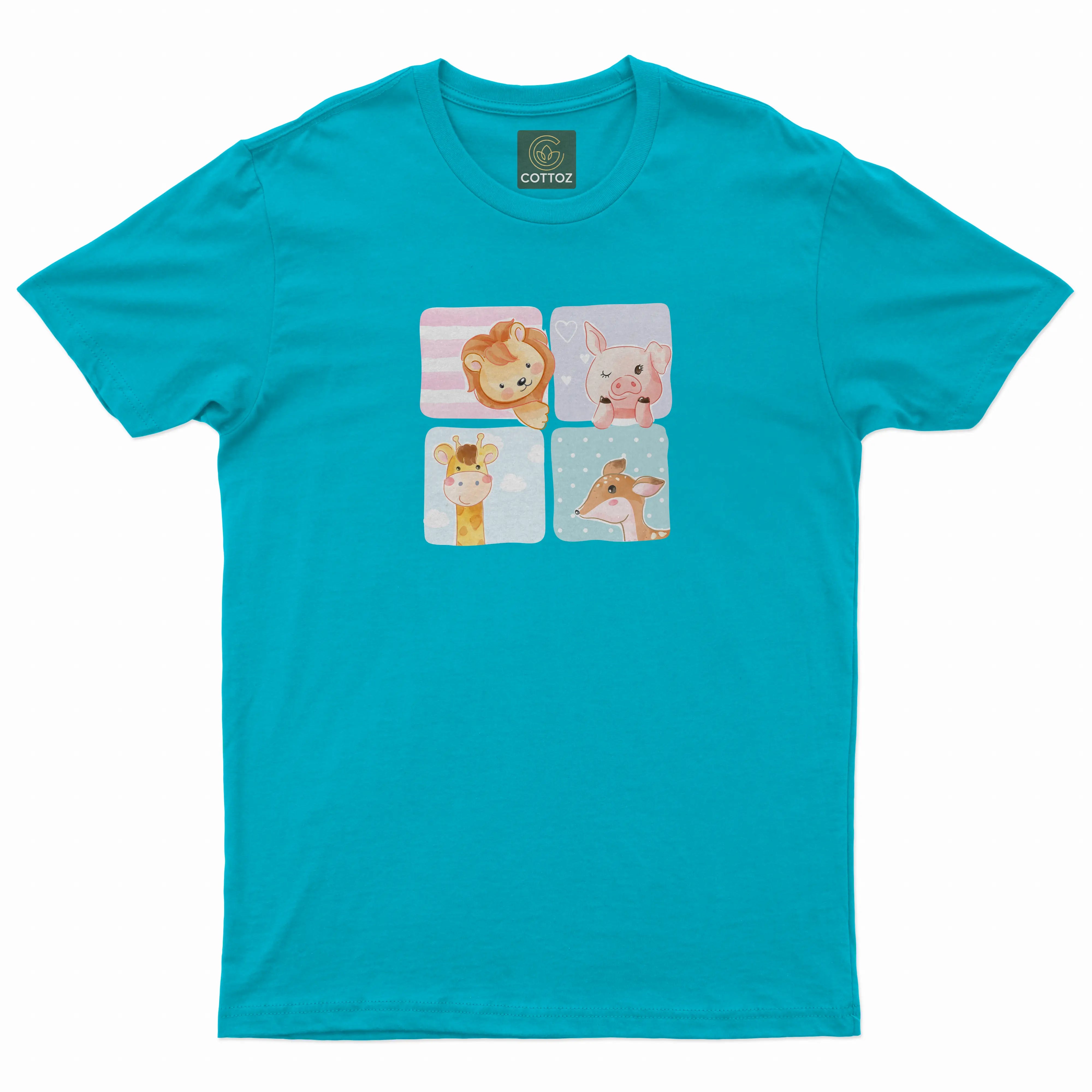 Turquoise t-shirt with cartoon animal designs on a white background