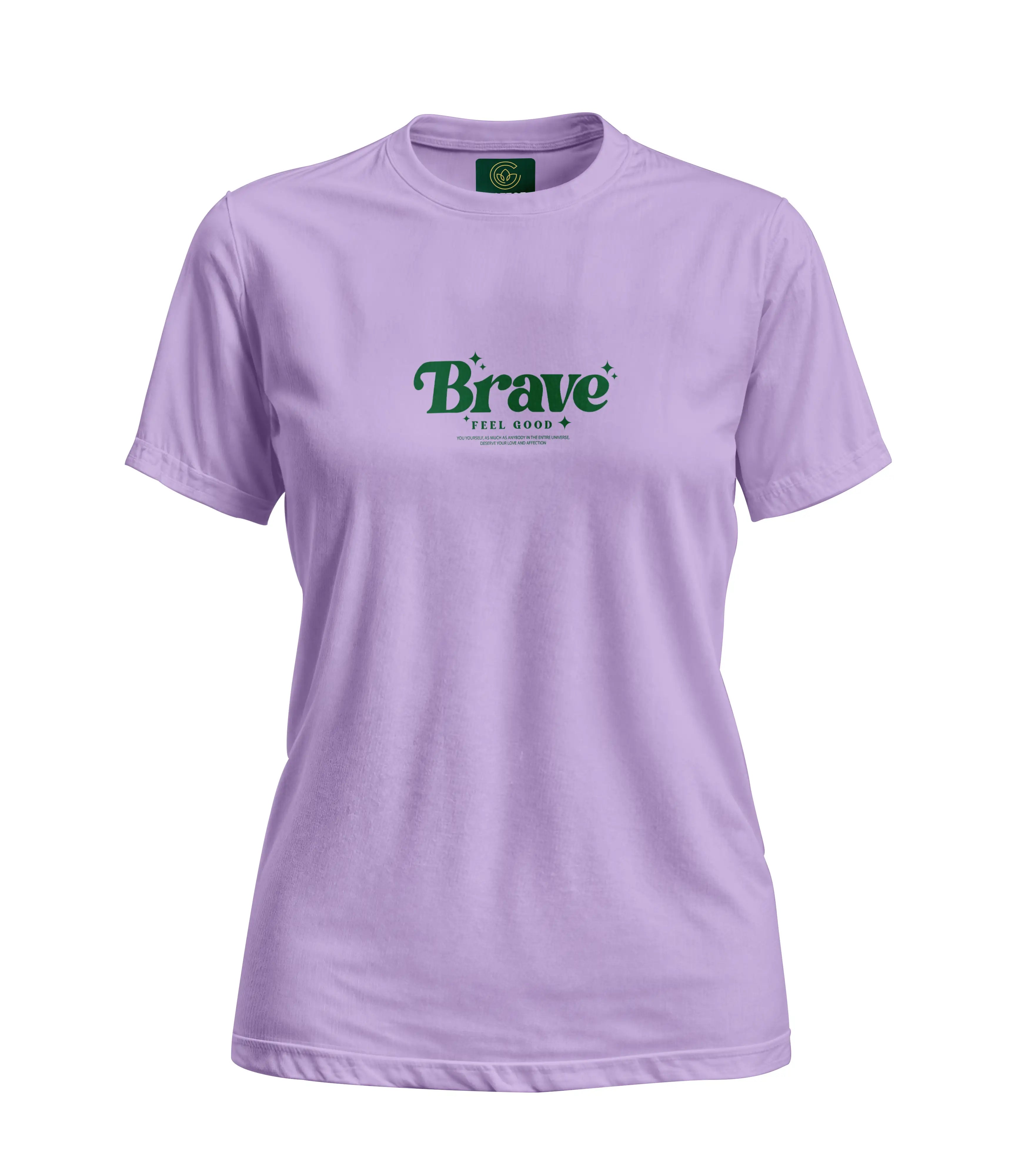 Purple t-shirt with 'Brave' logo on a white background