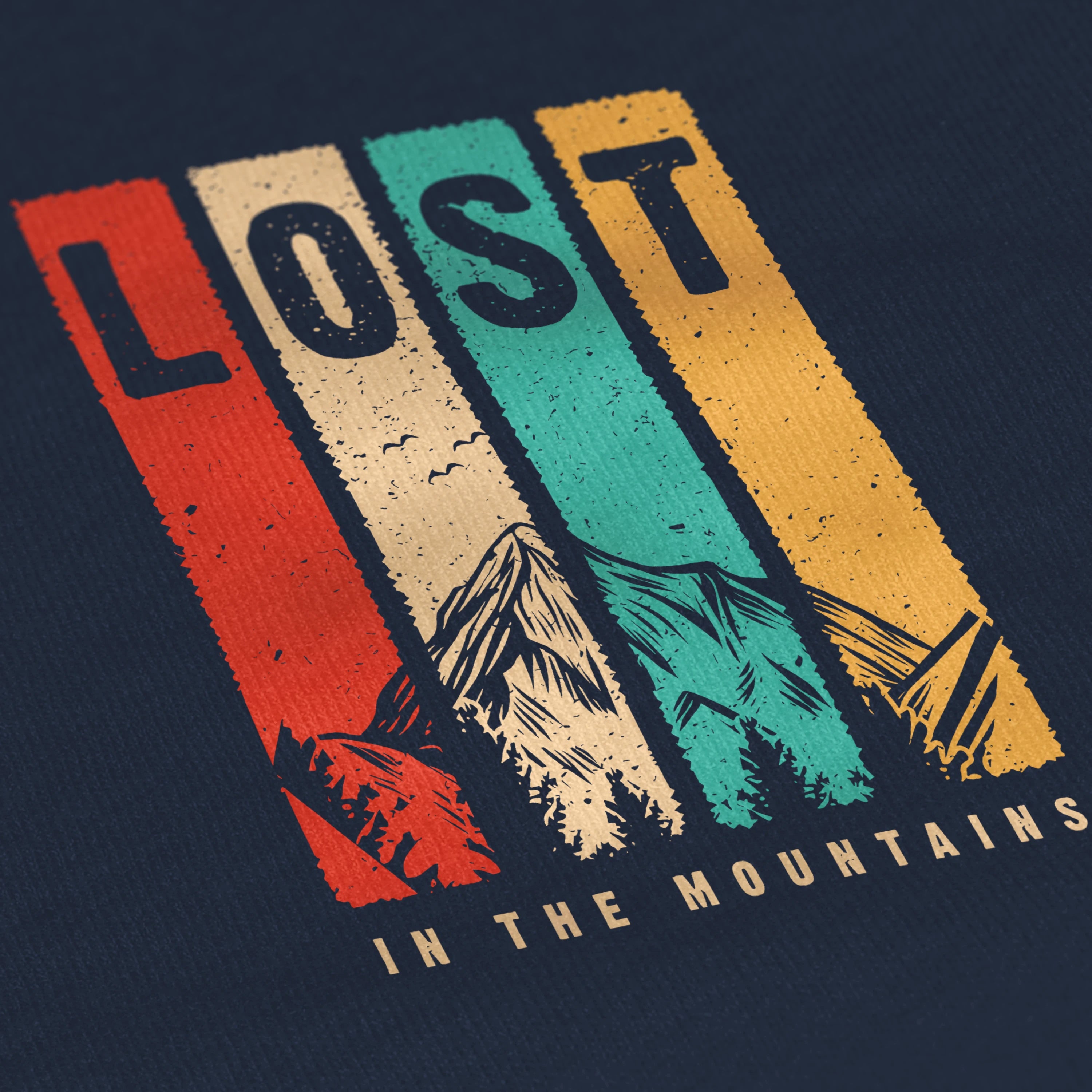 Vintage-style graphic with 'Lost in the Mountains' text and mountain illustrations on a dark background.