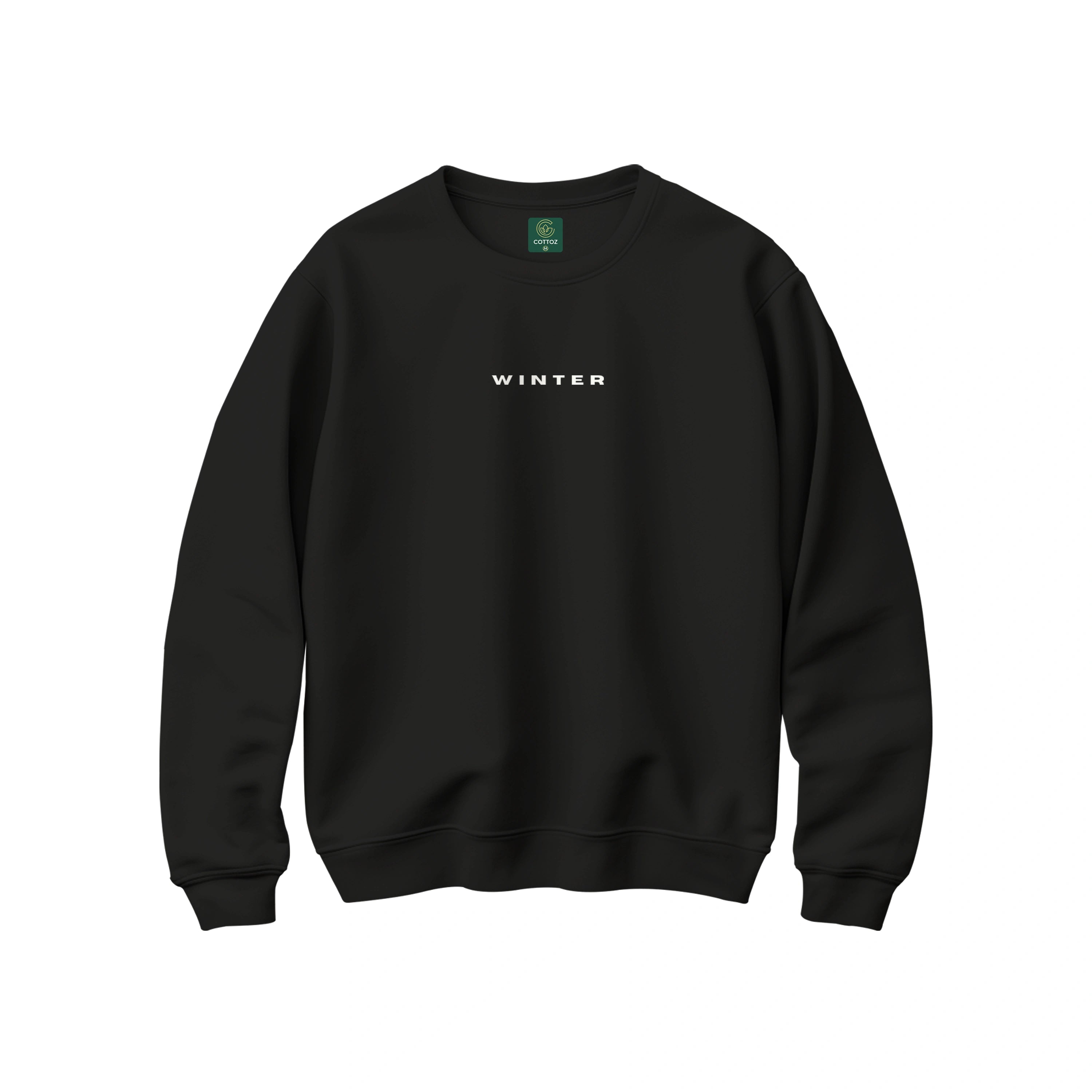 Black sweatshirt with 'WINTER' text on a white background