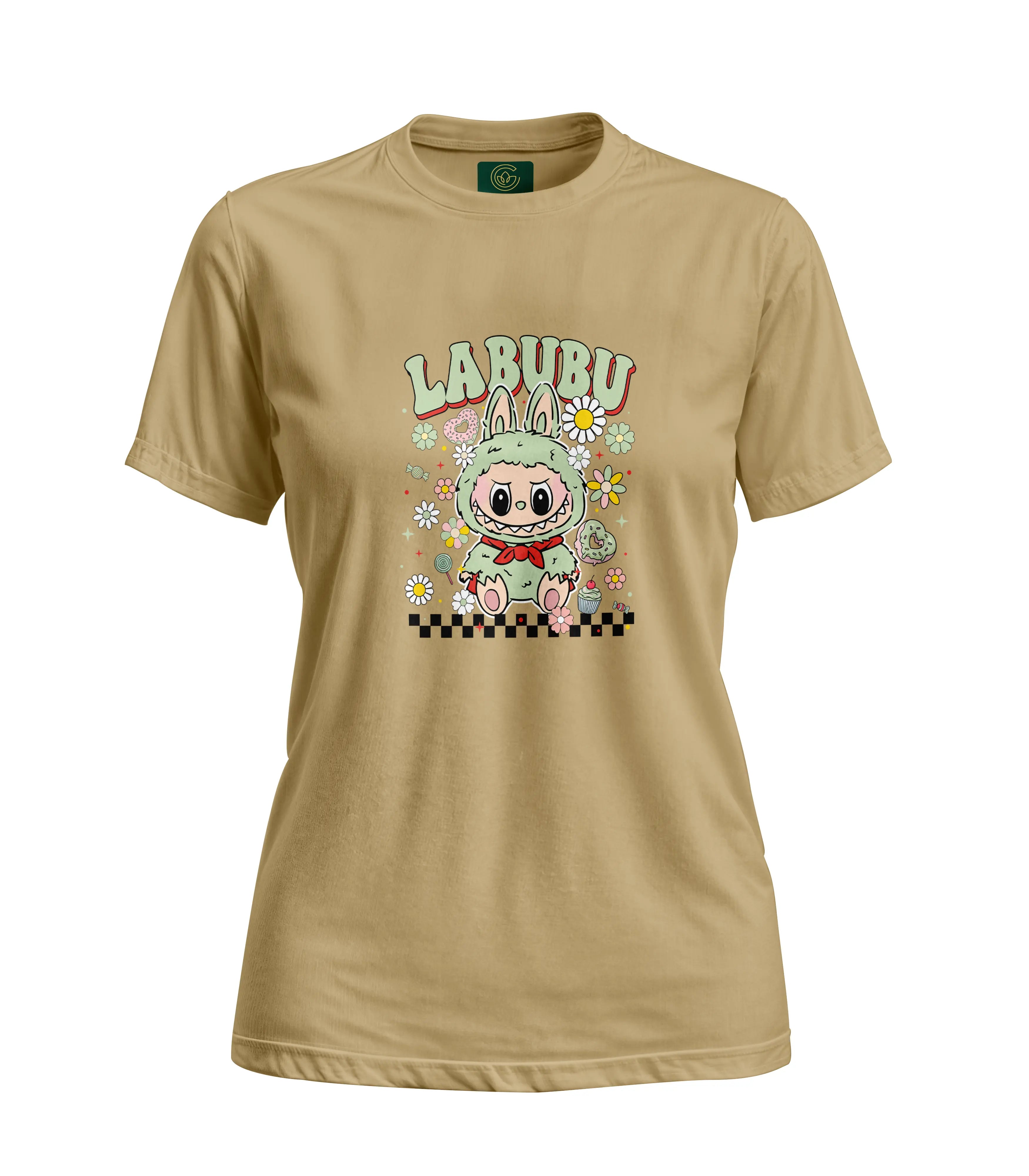 Beige t-shirt with a cartoon character and 'LABUBU' text on a white background