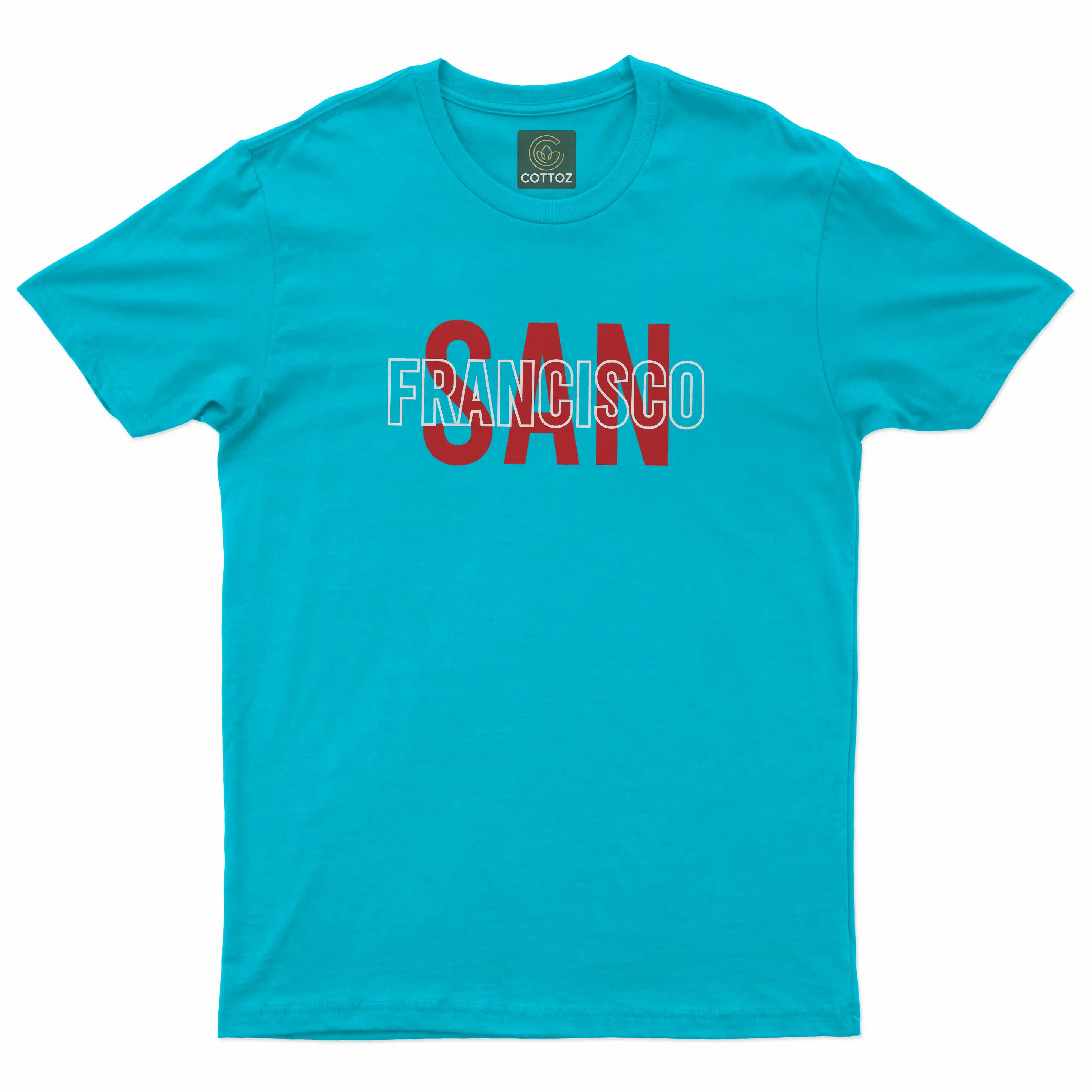 Blue t-shirt with 'FRANCISCO' printed on it against a white background
