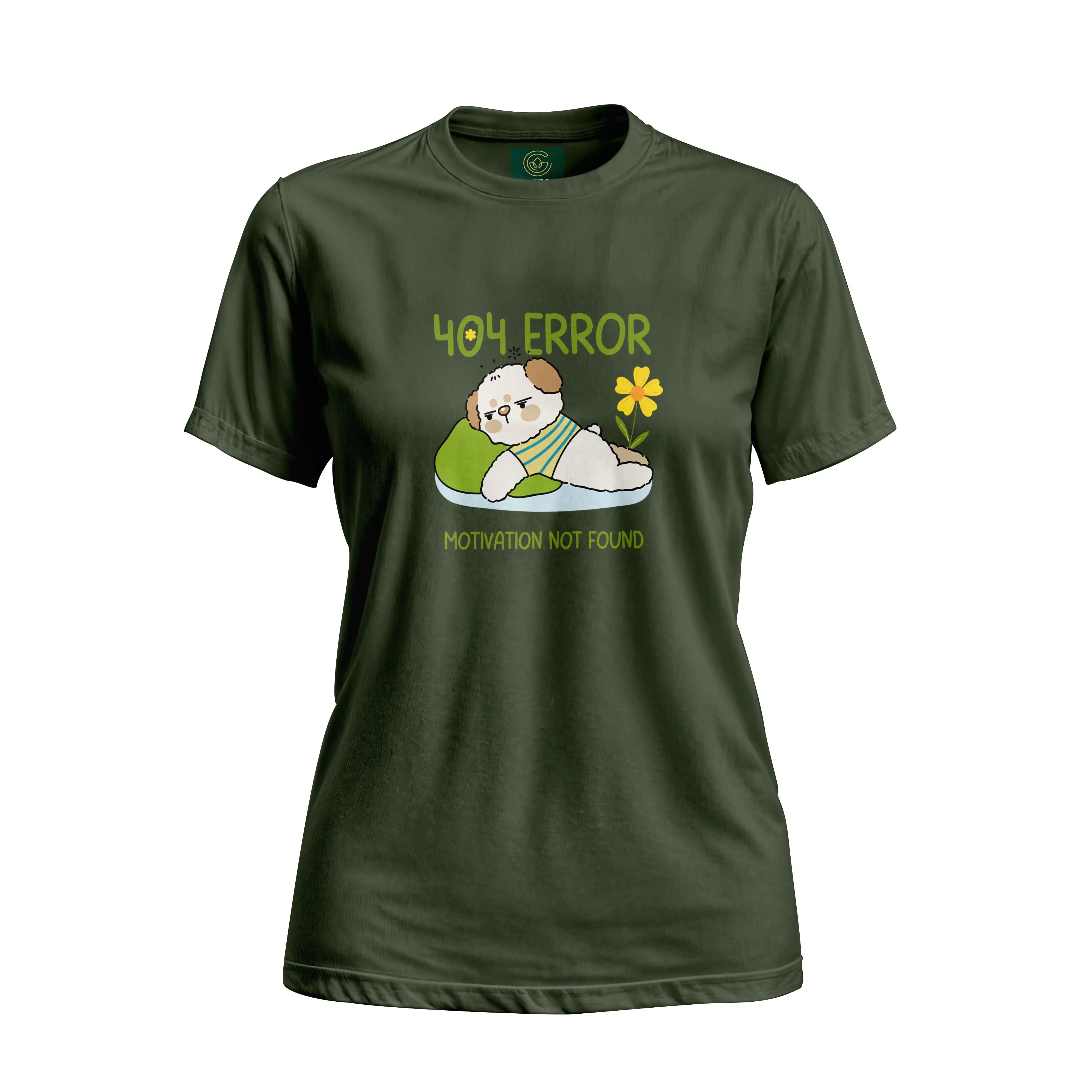 Green t-shirt with a cartoon dog and text on a white background
