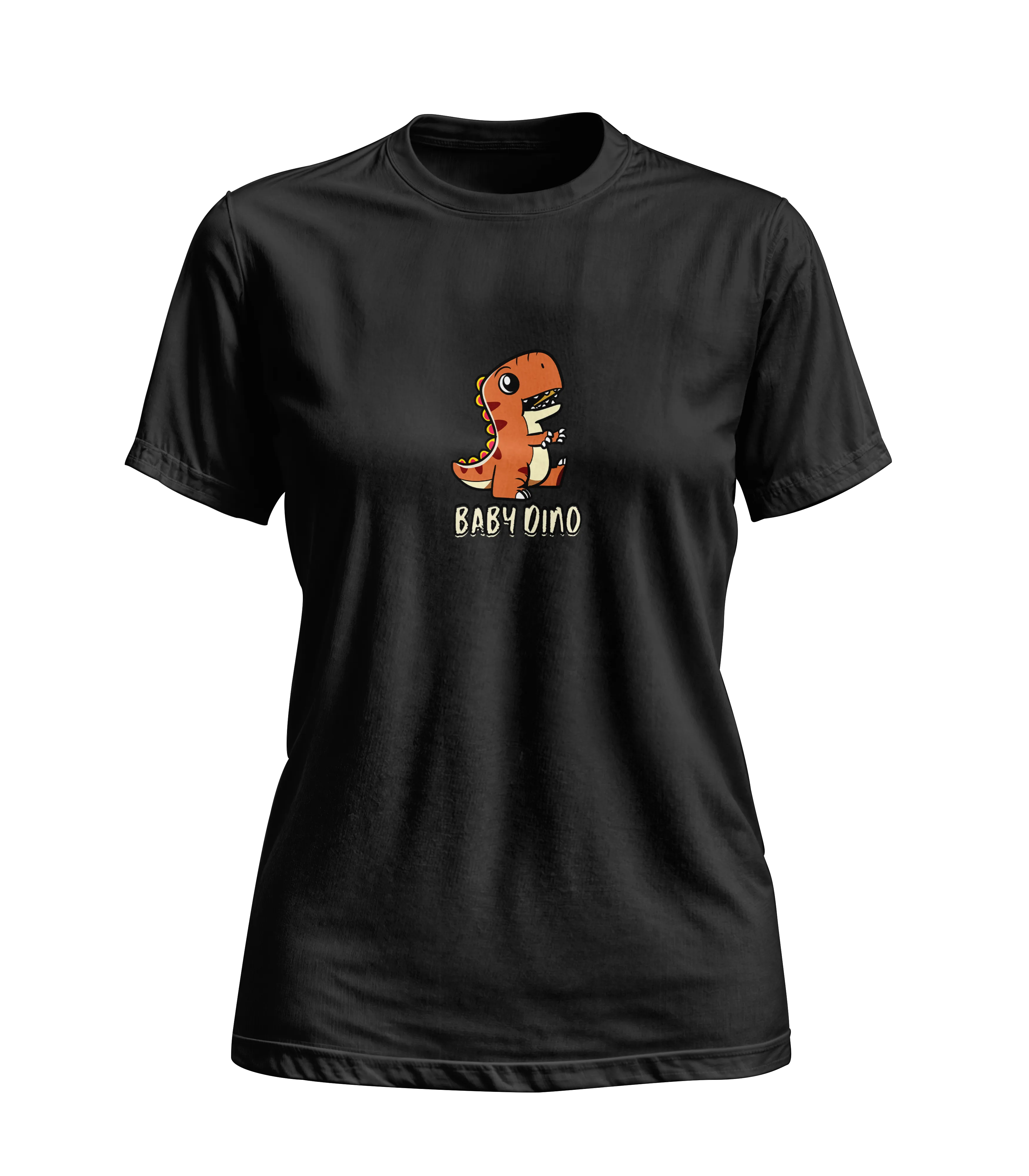 Black t-shirt with a cartoon dinosaur design on a white background