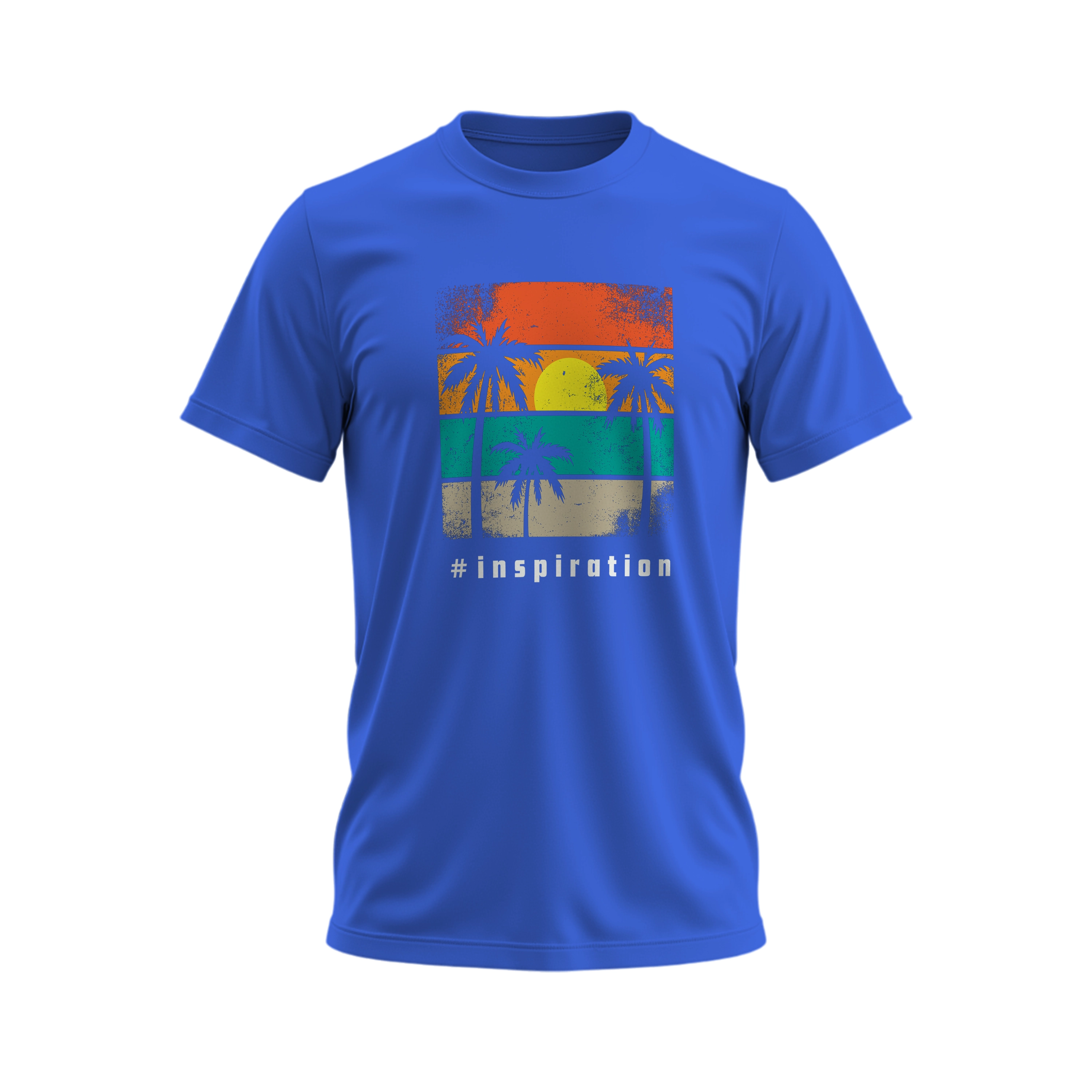 Blue t-shirt with a colorful graphic and '#inspiration' text on a white background