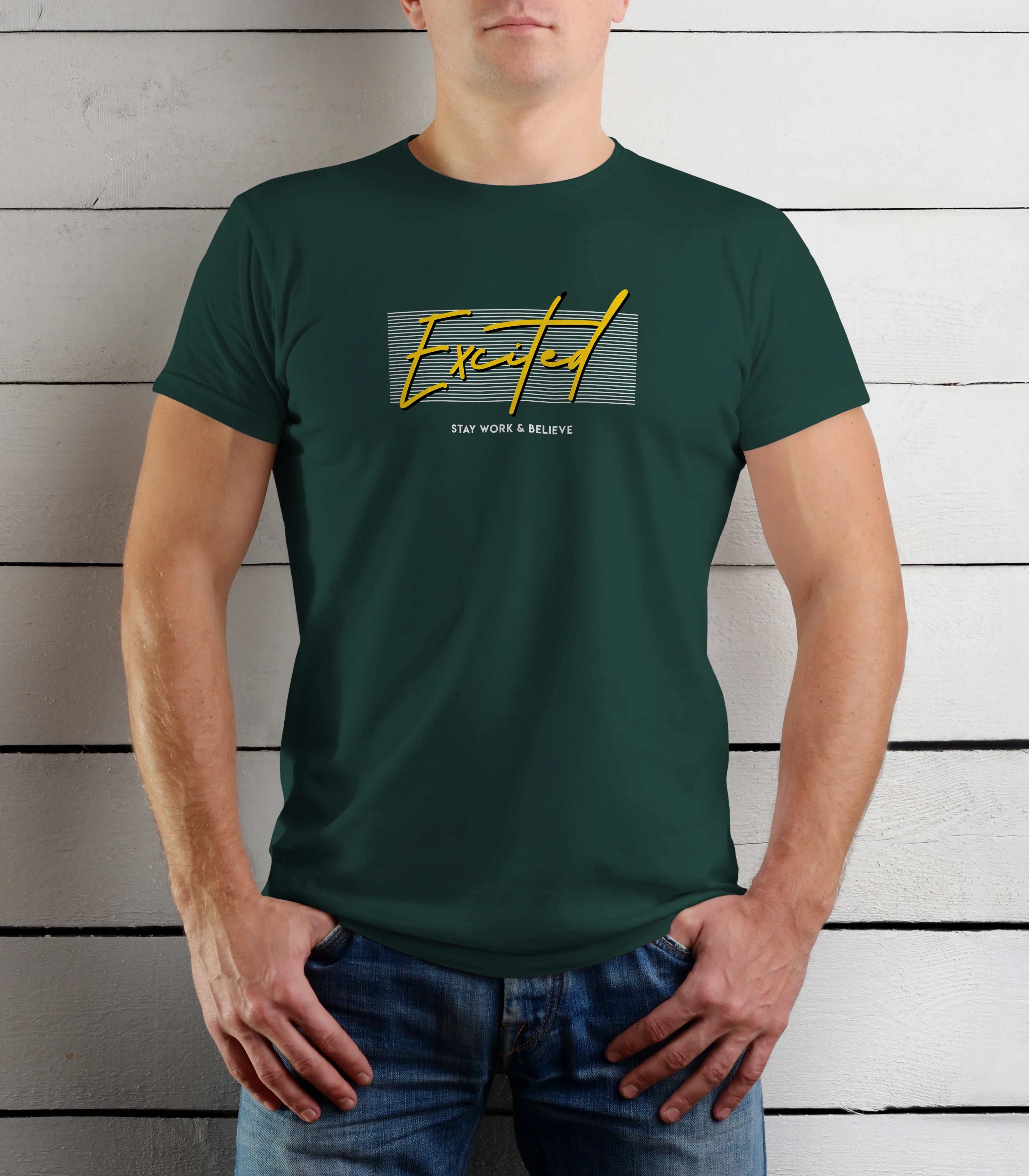 Person wearing a green t-shirt with yellow text against a wooden background