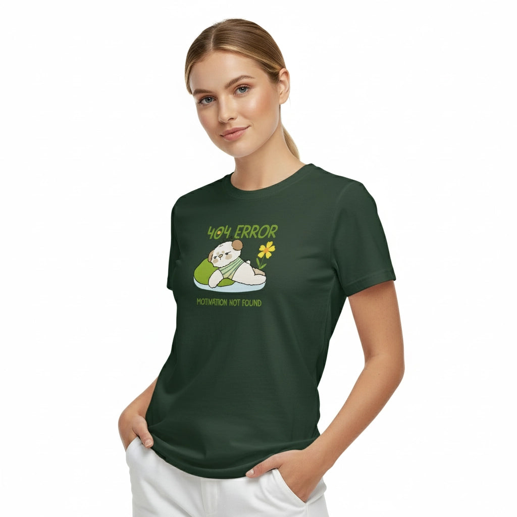 Woman wearing a green t-shirt with a graphic design on a white background