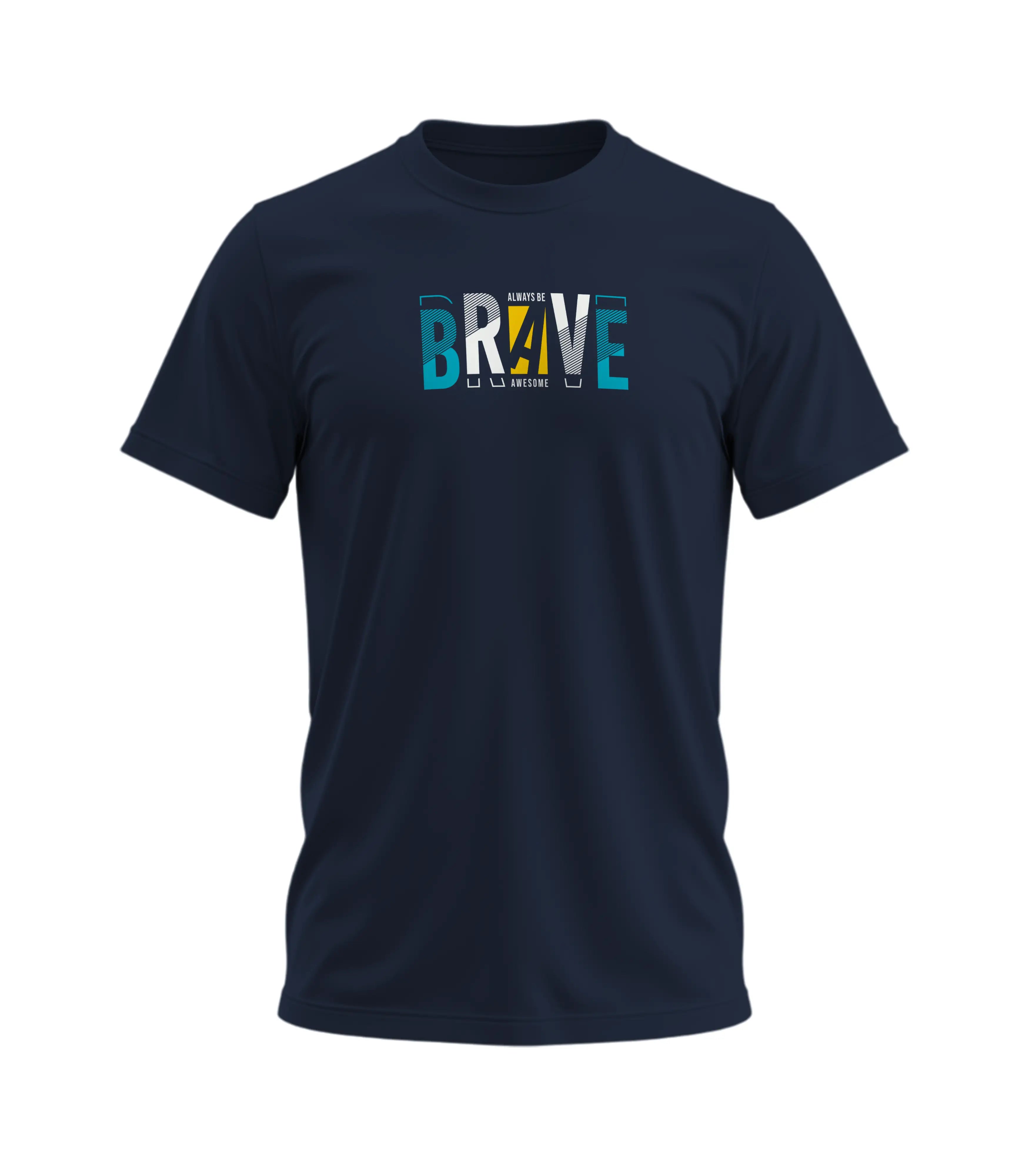 Navy blue t-shirt with colorful 'BRAVE' text design on a white background
