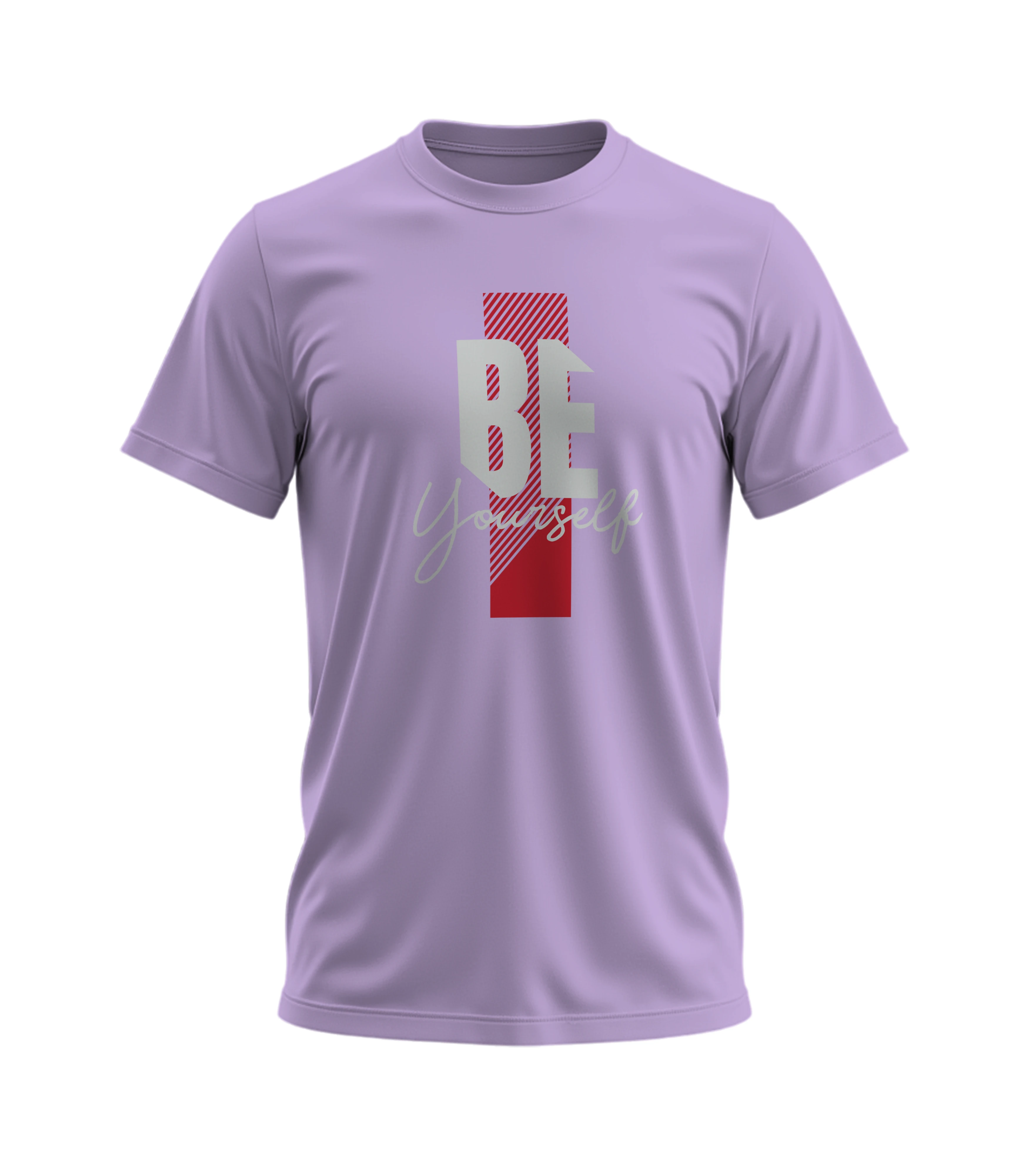 Purple t-shirt with a red and white graphic design on a white background