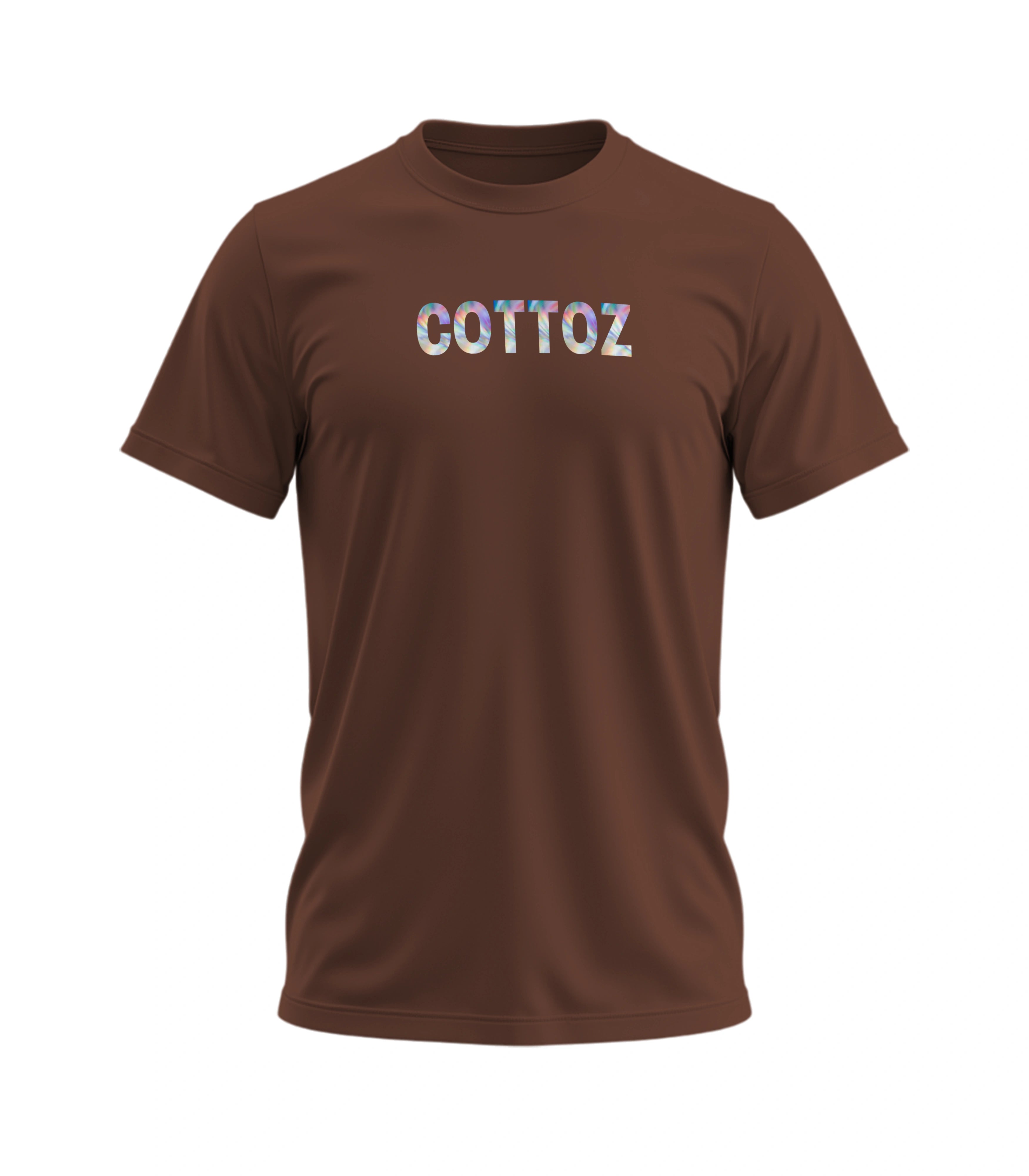 Brown t-shirt with 'COTTOZ' text on a white background