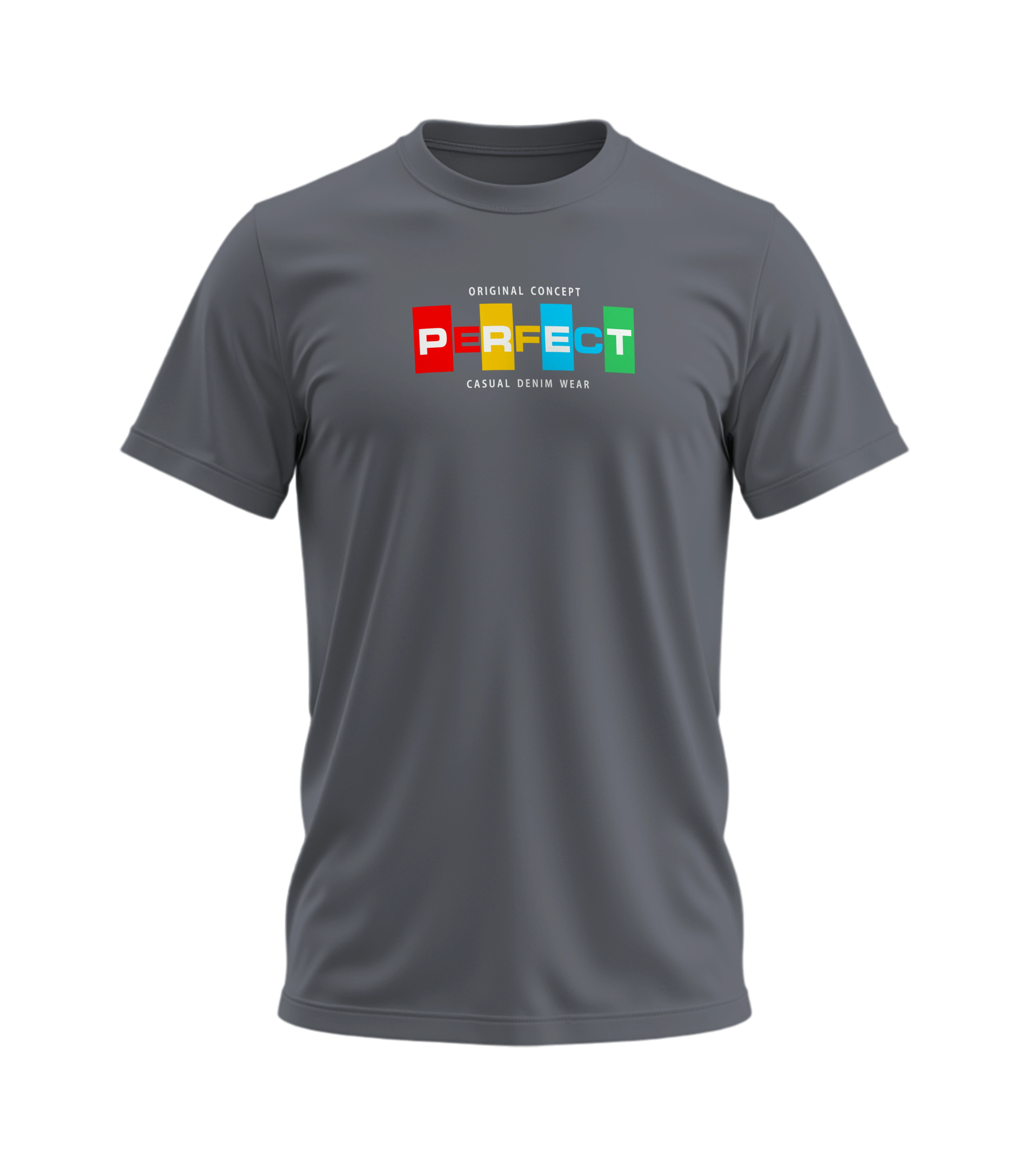 Gray t-shirt with colorful 'PERFECT' logo on a white background