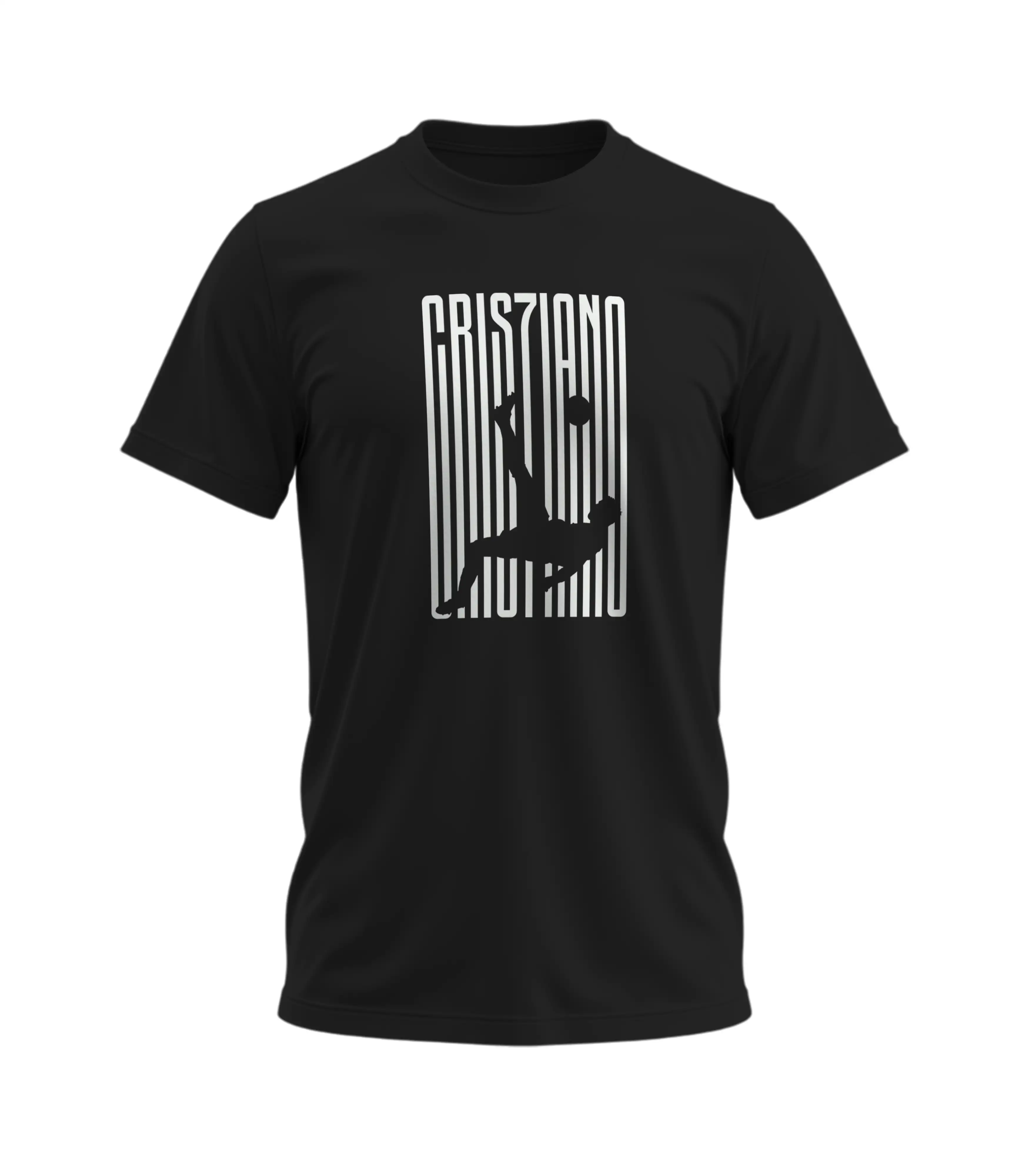 Black t-shirt with white text design on a white background