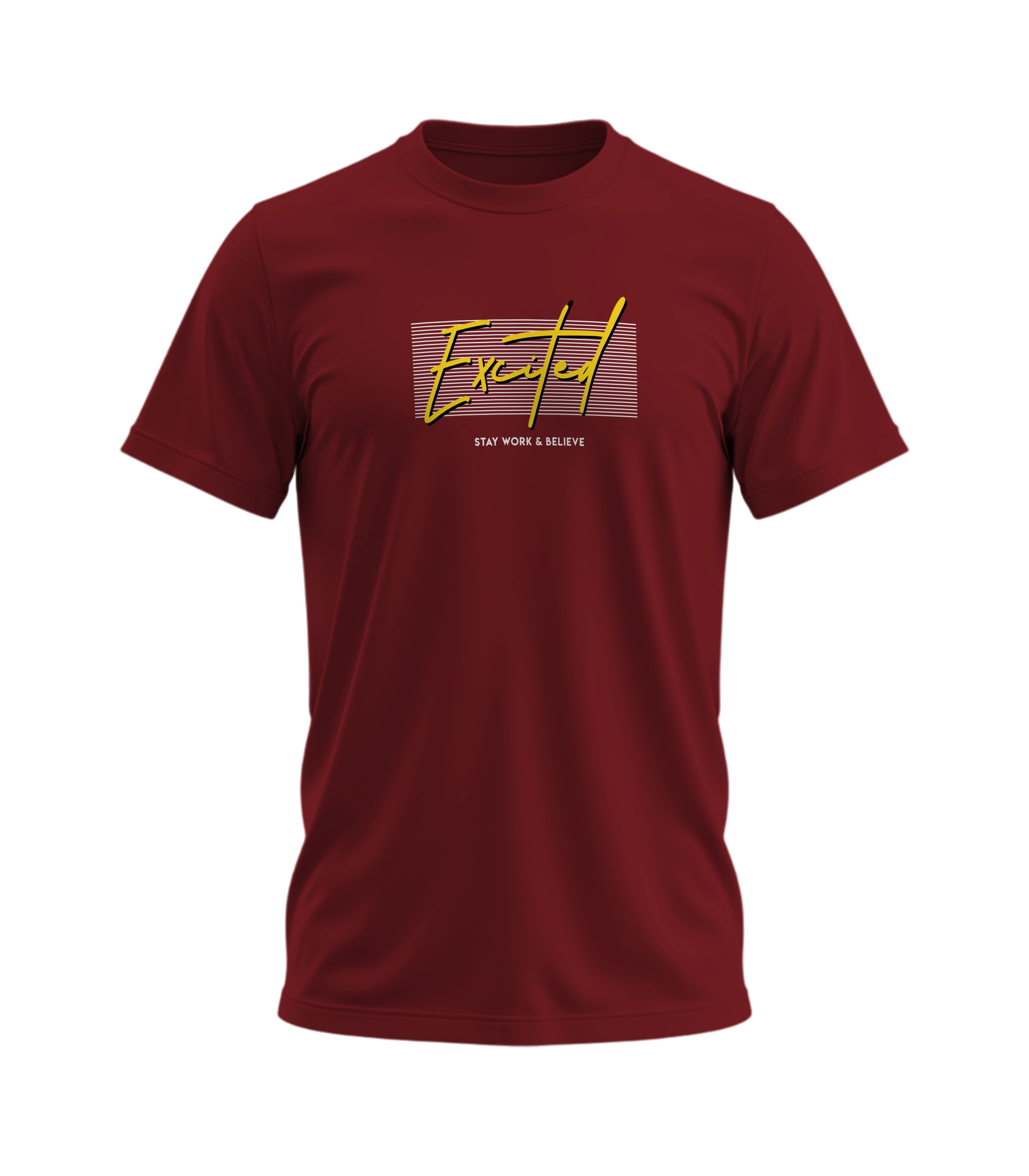 Maroon t-shirt with yellow text on a white background