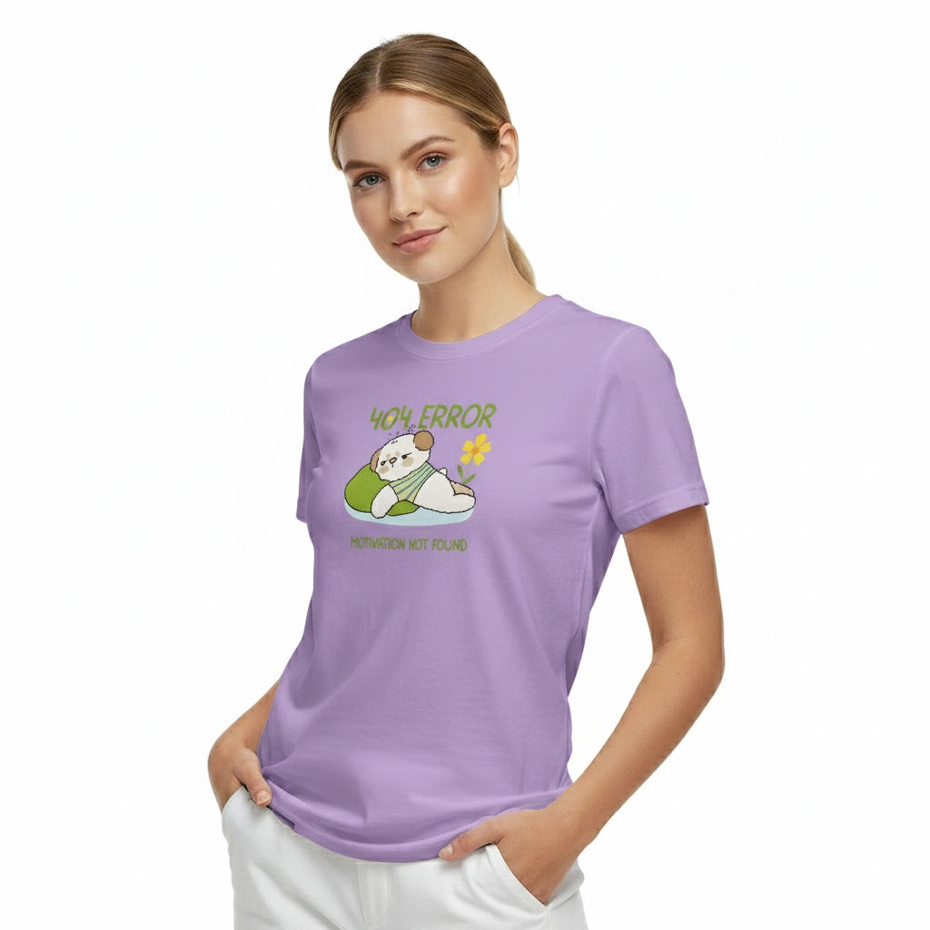 Woman wearing a purple t-shirt with a graphic design on a white background