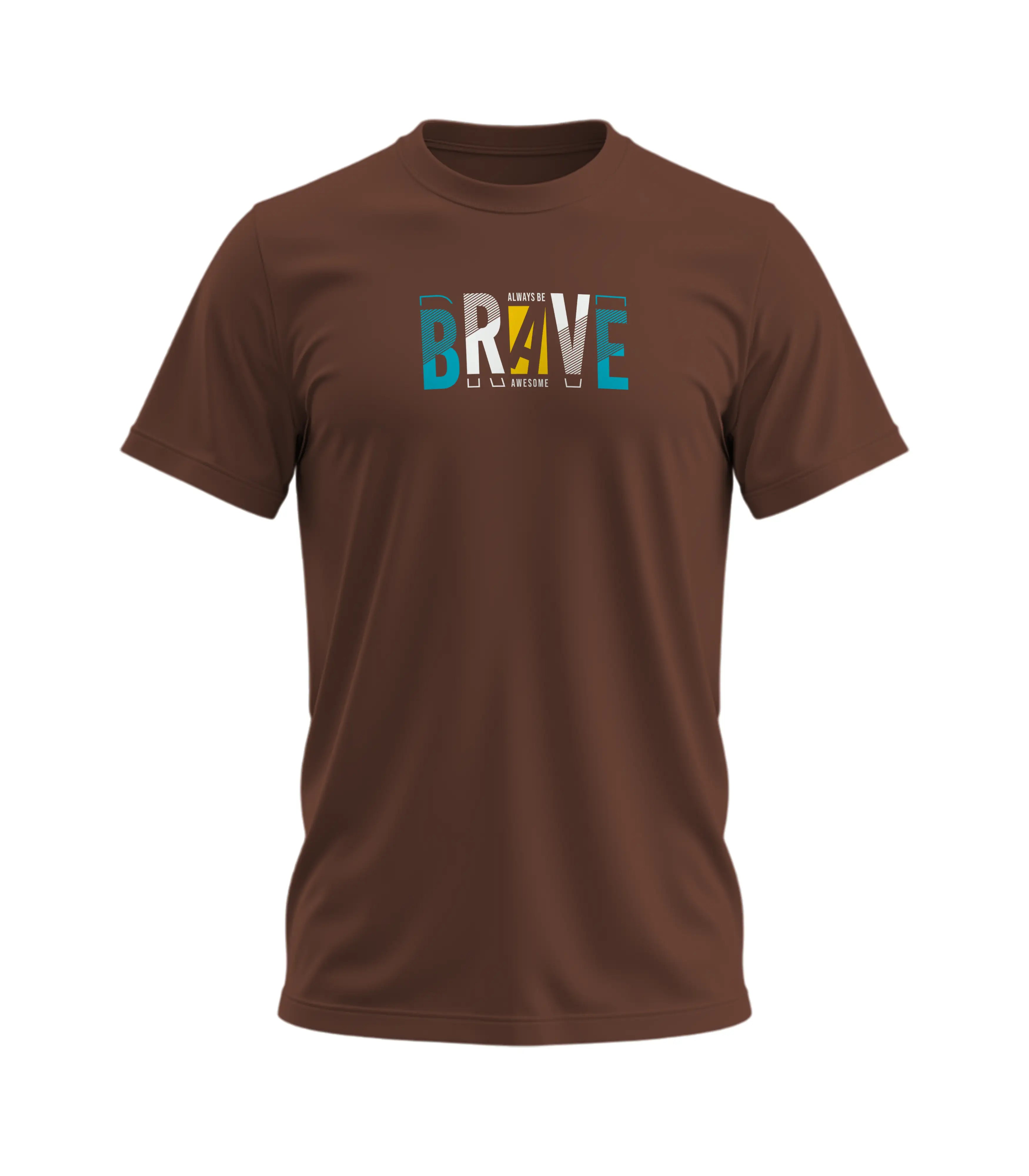 Brown t-shirt with colorful 'BRAVE' text on a white background
