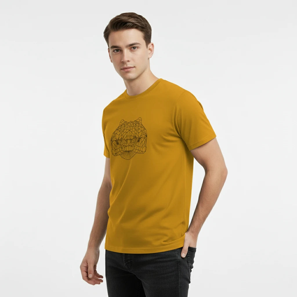 Man wearing a mustard yellow t-shirt with a black graphic design on a white background