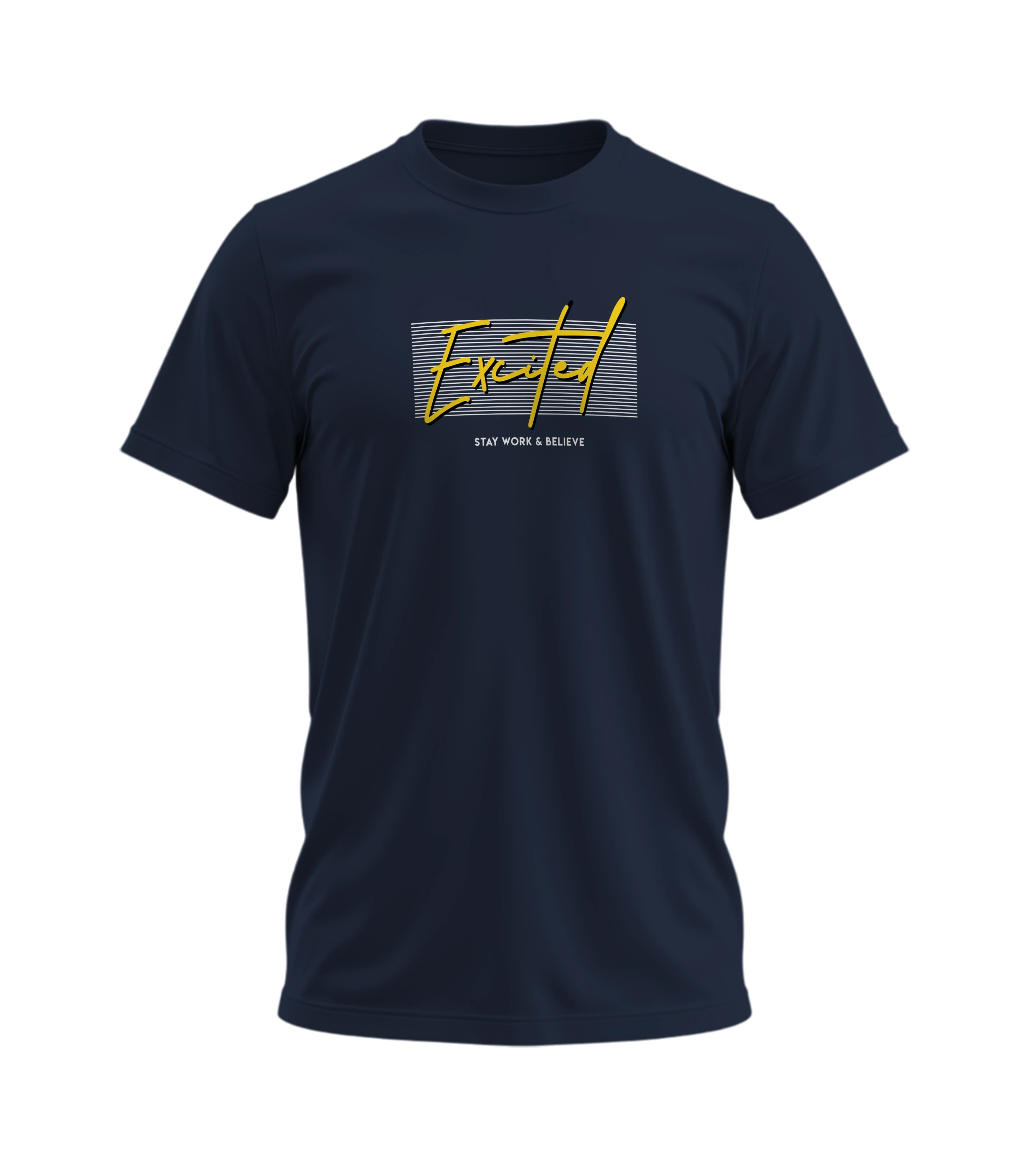 Navy blue t-shirt with yellow graphic design on a white background