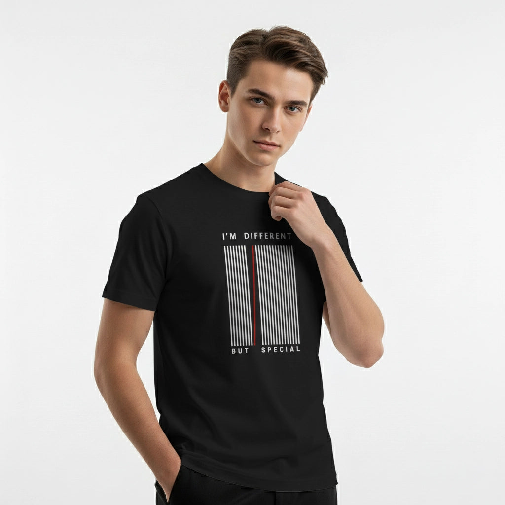 Person wearing a black t-shirt with text and design on a white background
