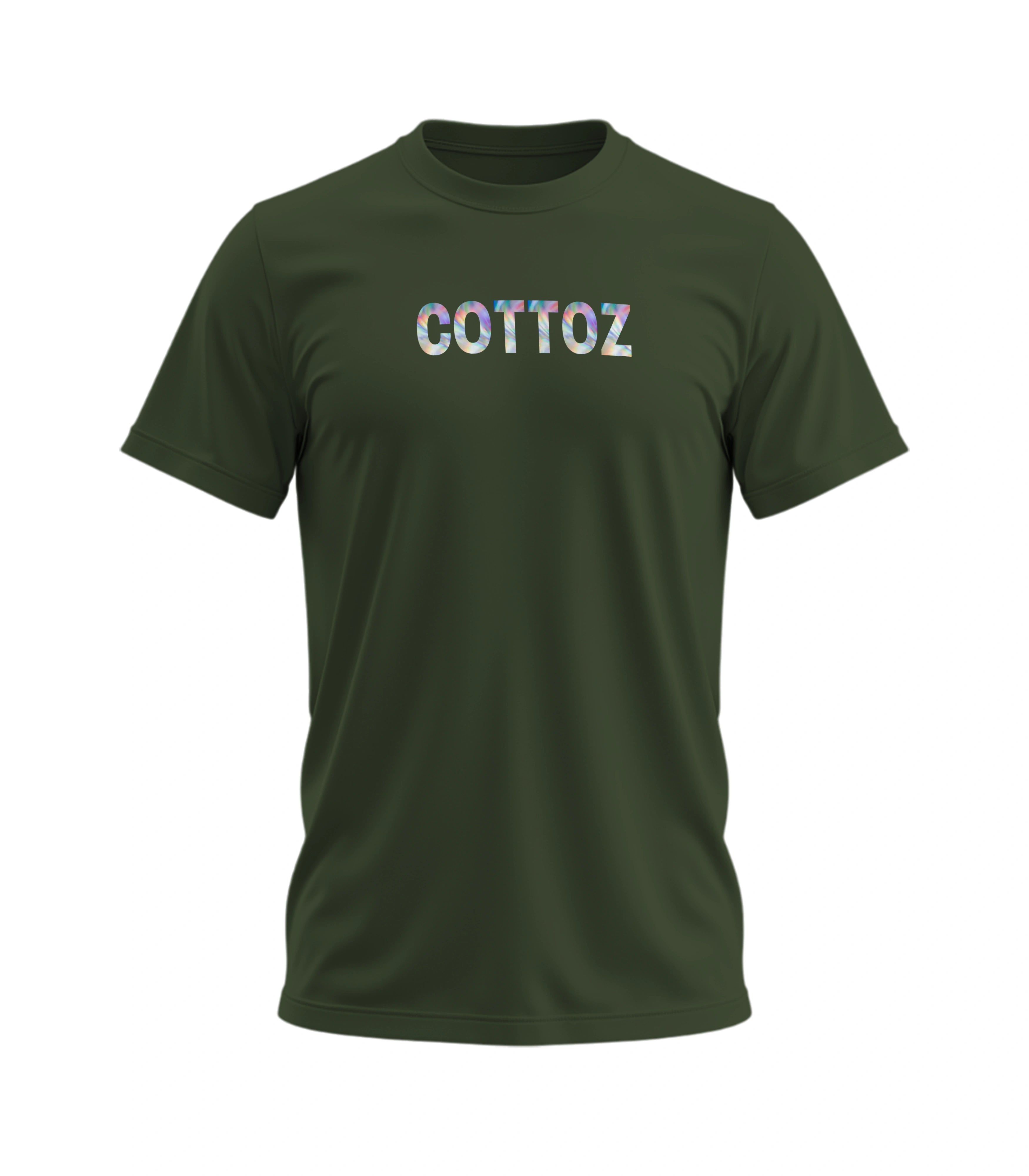 Green t-shirt with 'COTTOZ' printed on a white background