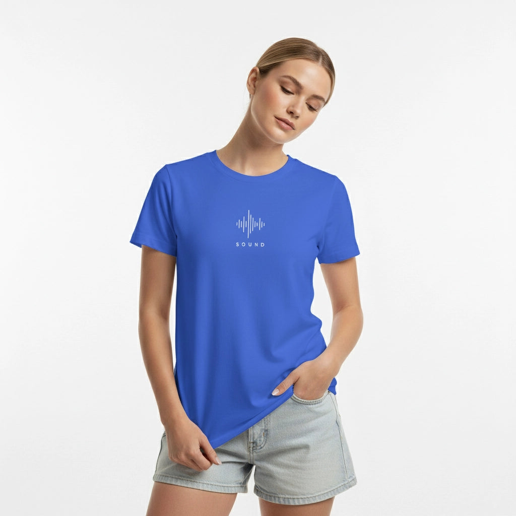 Woman wearing a blue t-shirt with a white graphic on a white background