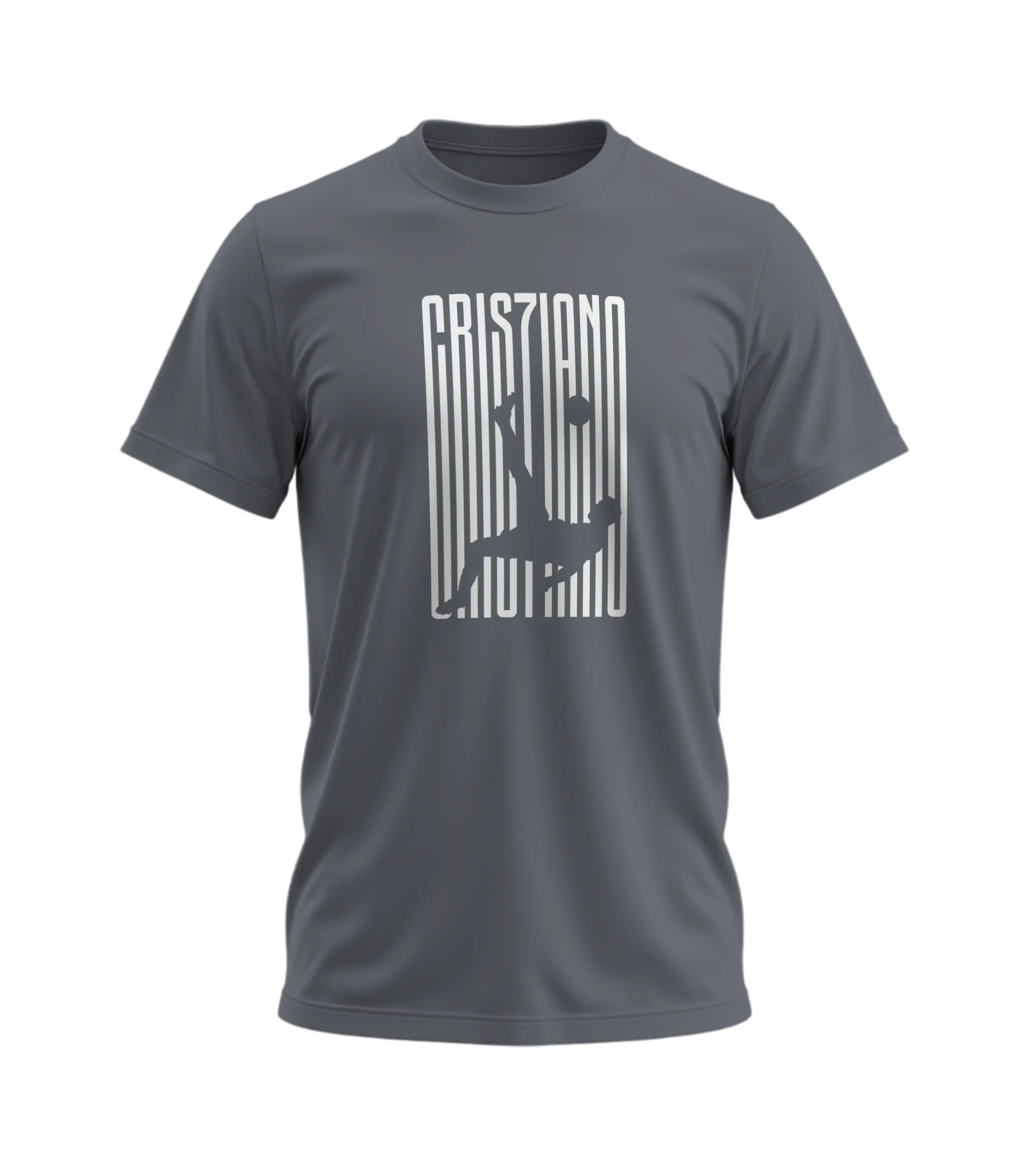 Gray t-shirt with white text design on a white background