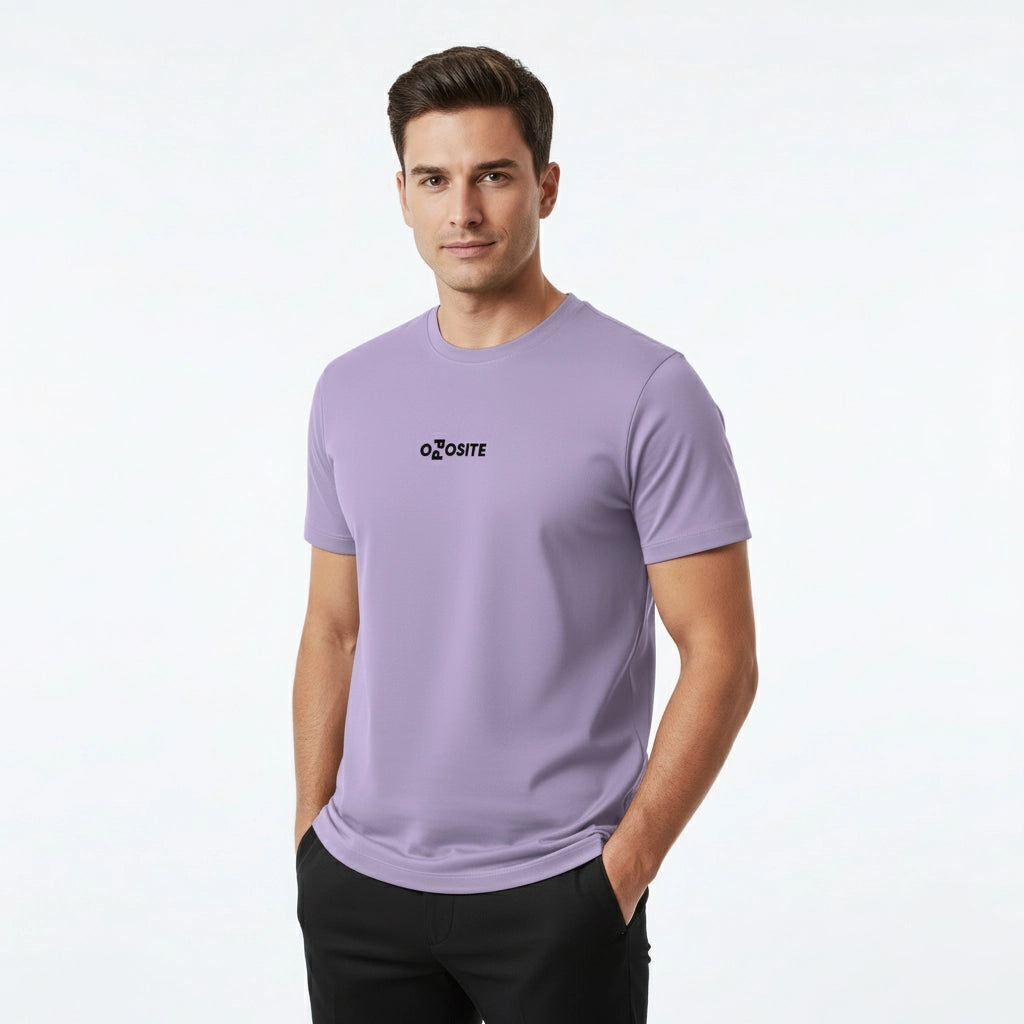 Man wearing a purple t-shirt with a logo on a white background