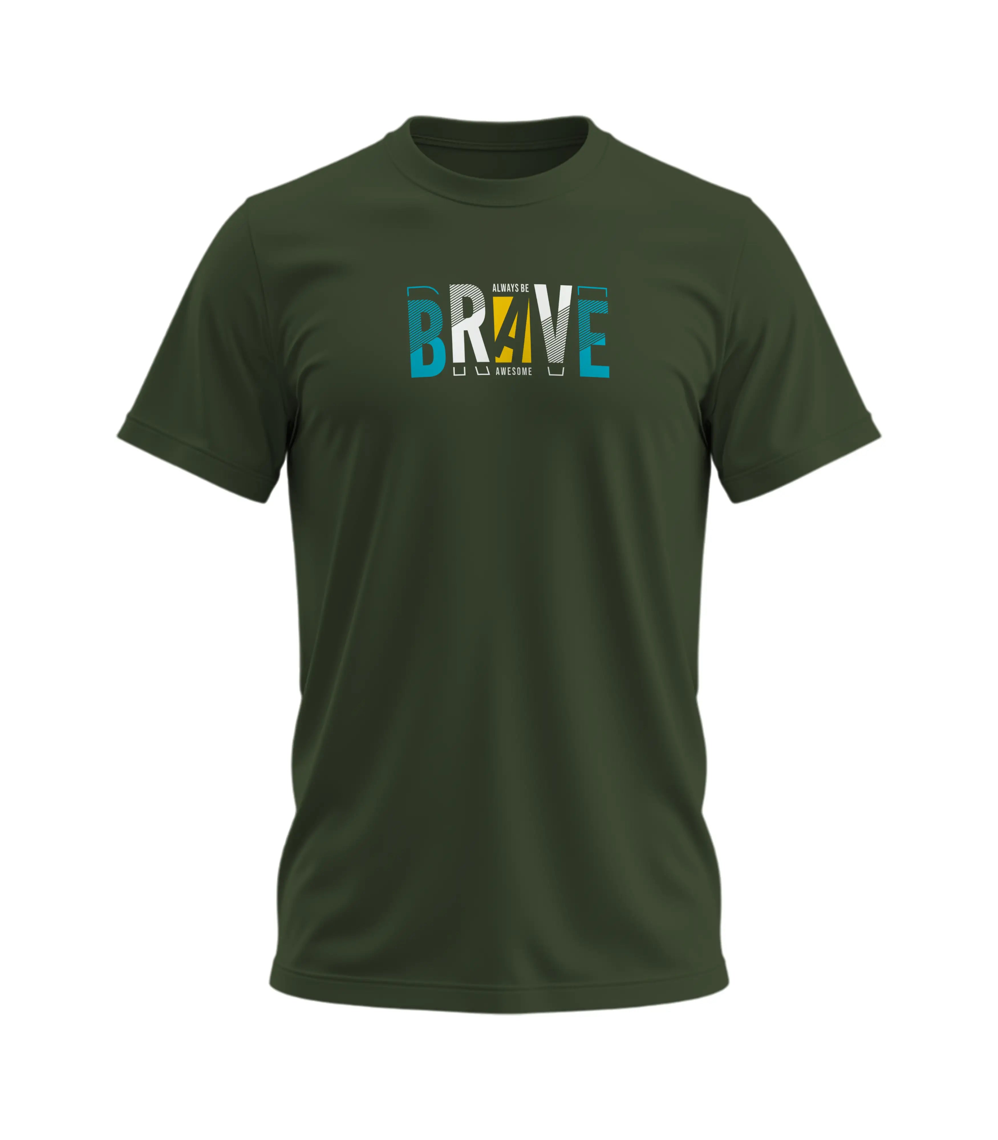 Green t-shirt with 'BRAVE' text design on a white background