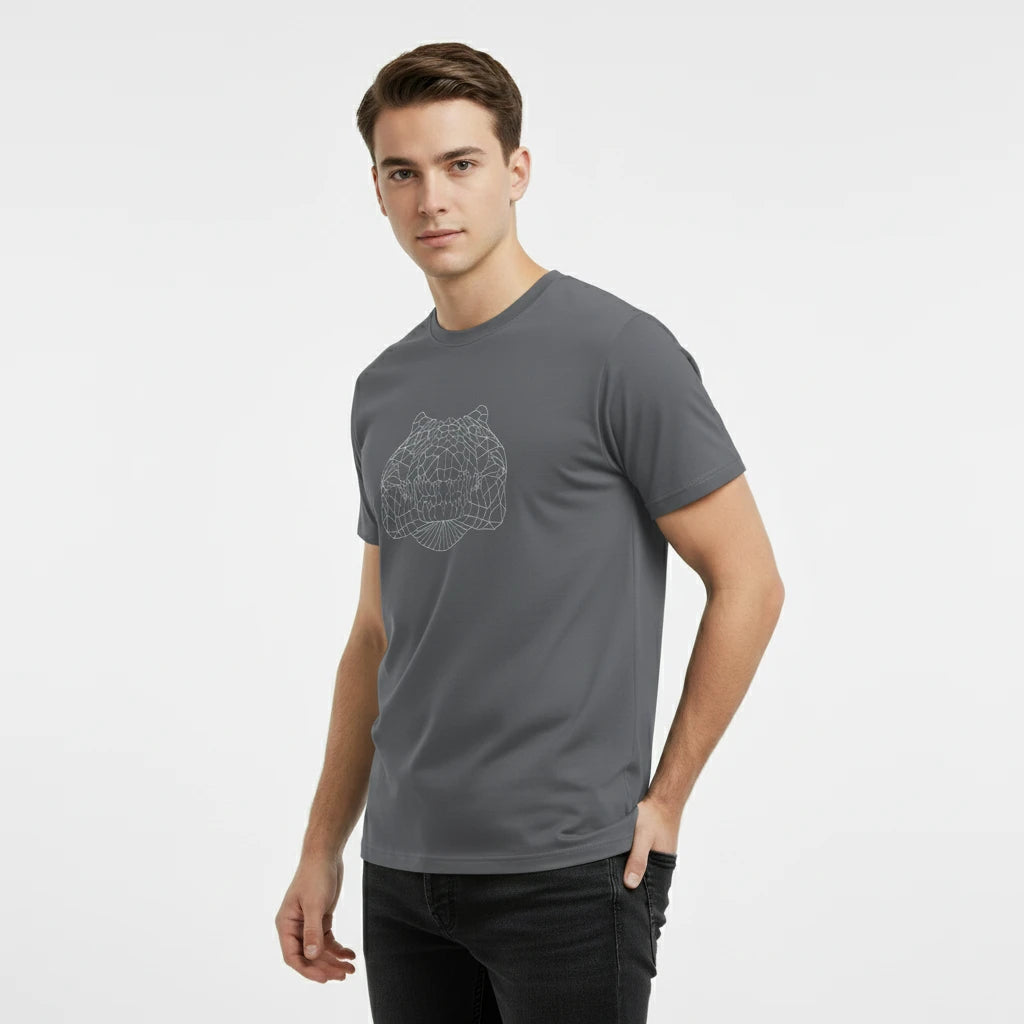Man wearing a gray t-shirt with a graphic design on a white background